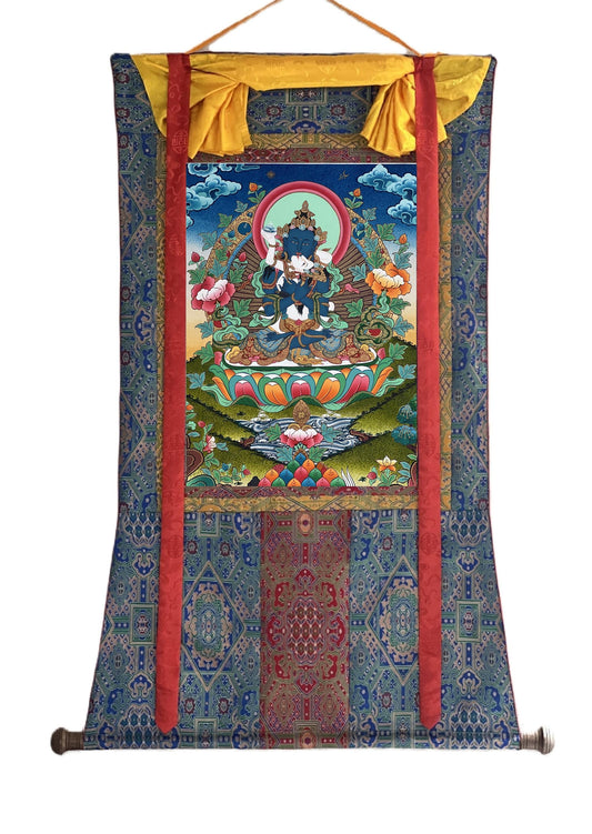 Vajradhara & Prajnaparamita Yab-Yum Thangka - Tibetan Buddhist Art with Silk Brocade | Primordial Buddha Embrace Painting