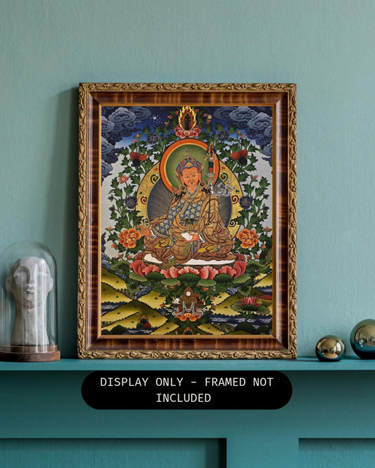 Hand-Painted Guru Rinpoche Thangka | Padmasambhava Masterpiece | Gold Tibetan Compassion Meditation Art | Authentic Nepalese Painting