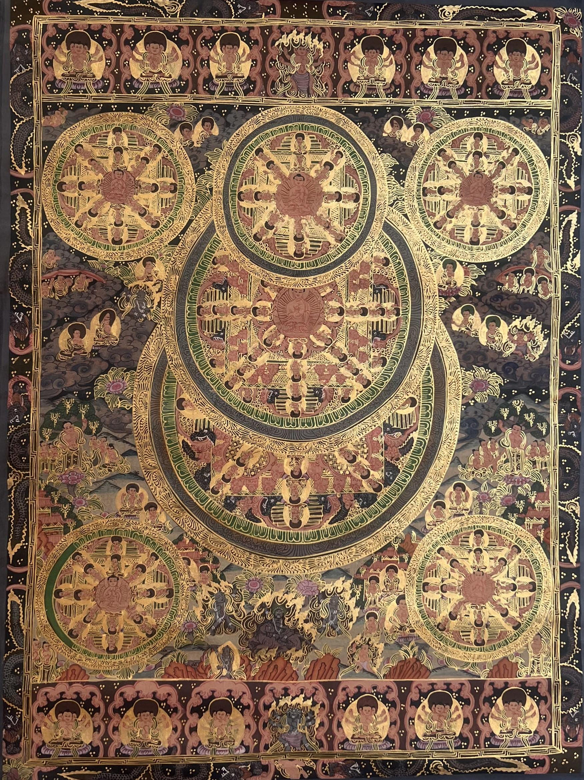 Pancha Buddha Mandala Tibetan Thangka | Big Circle Five Buddha Painting | Master Quality Sacred Art