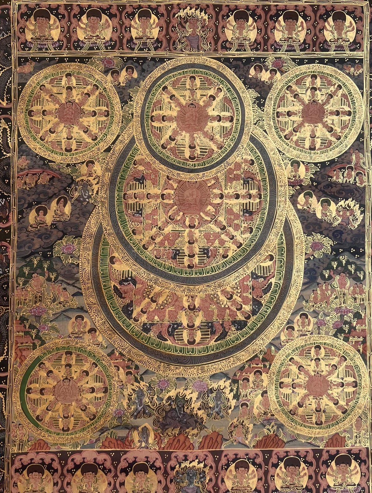Pancha Buddha Mandala Tibetan Thangka | Big Circle Five Buddha Painting | Master Quality Sacred Art