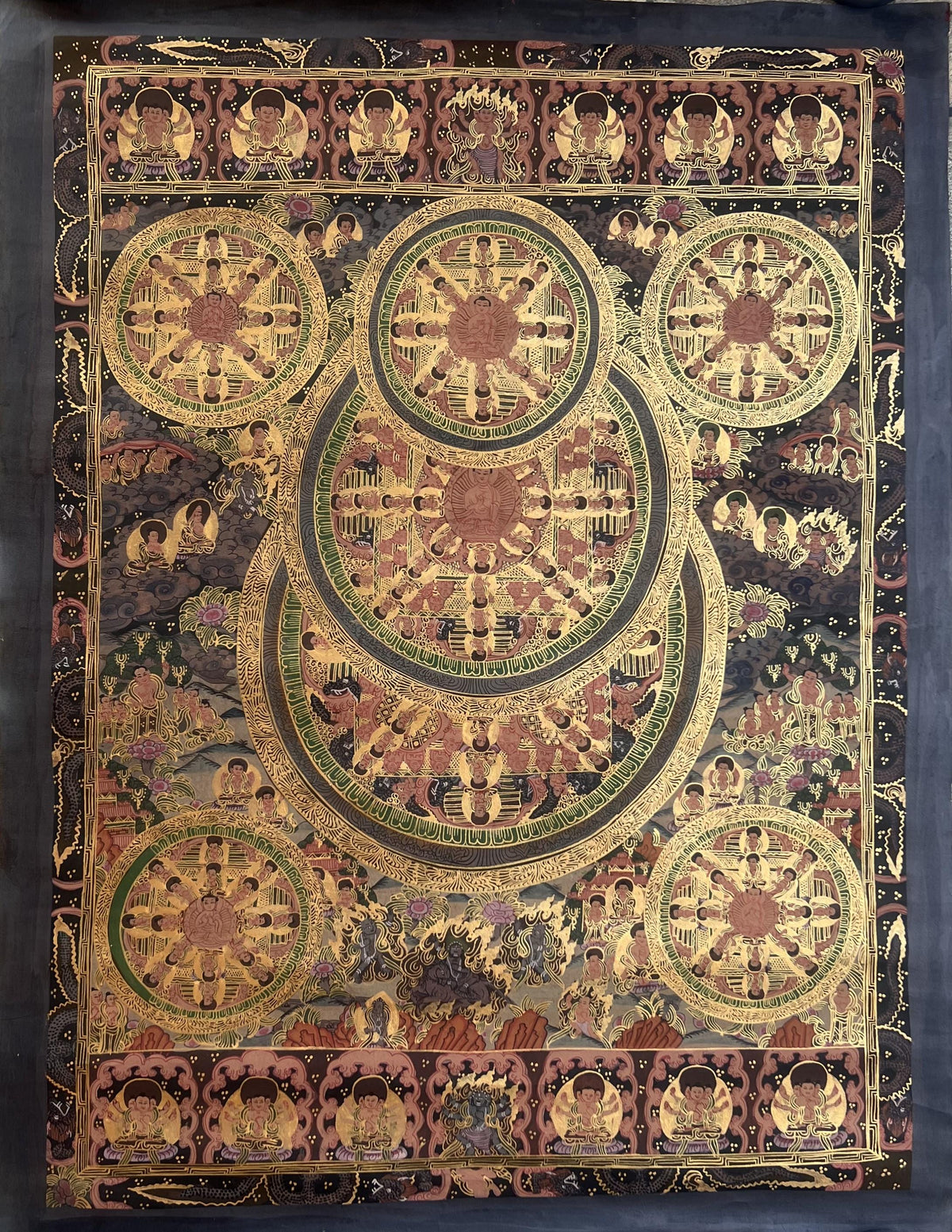 Pancha Buddha Mandala Tibetan Thangka | Big Circle Five Buddha Painting | Master Quality Sacred Art