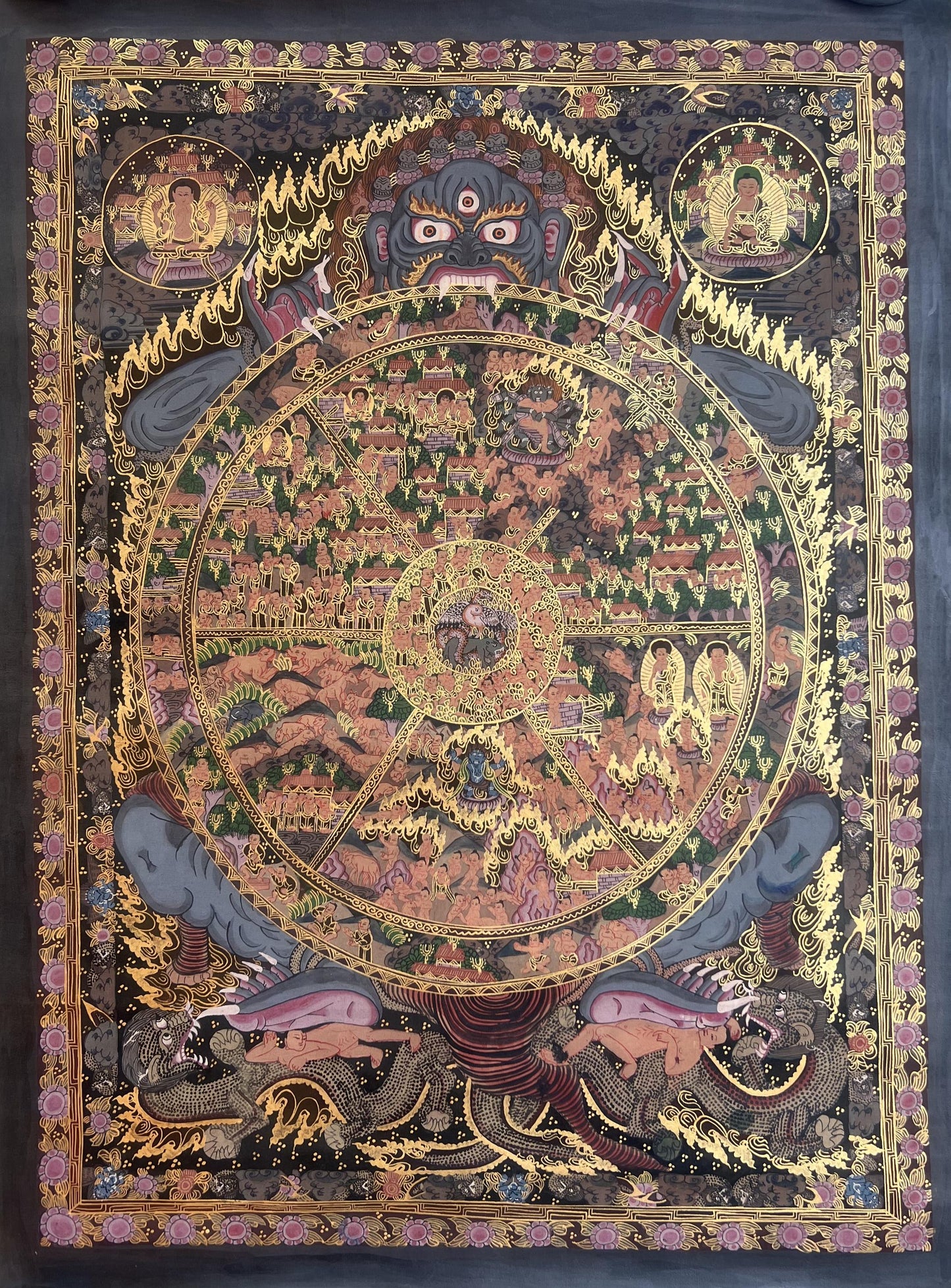 Wheel of Life Large Thangka Painting | Oil Varnished Bhavacakra Mandala