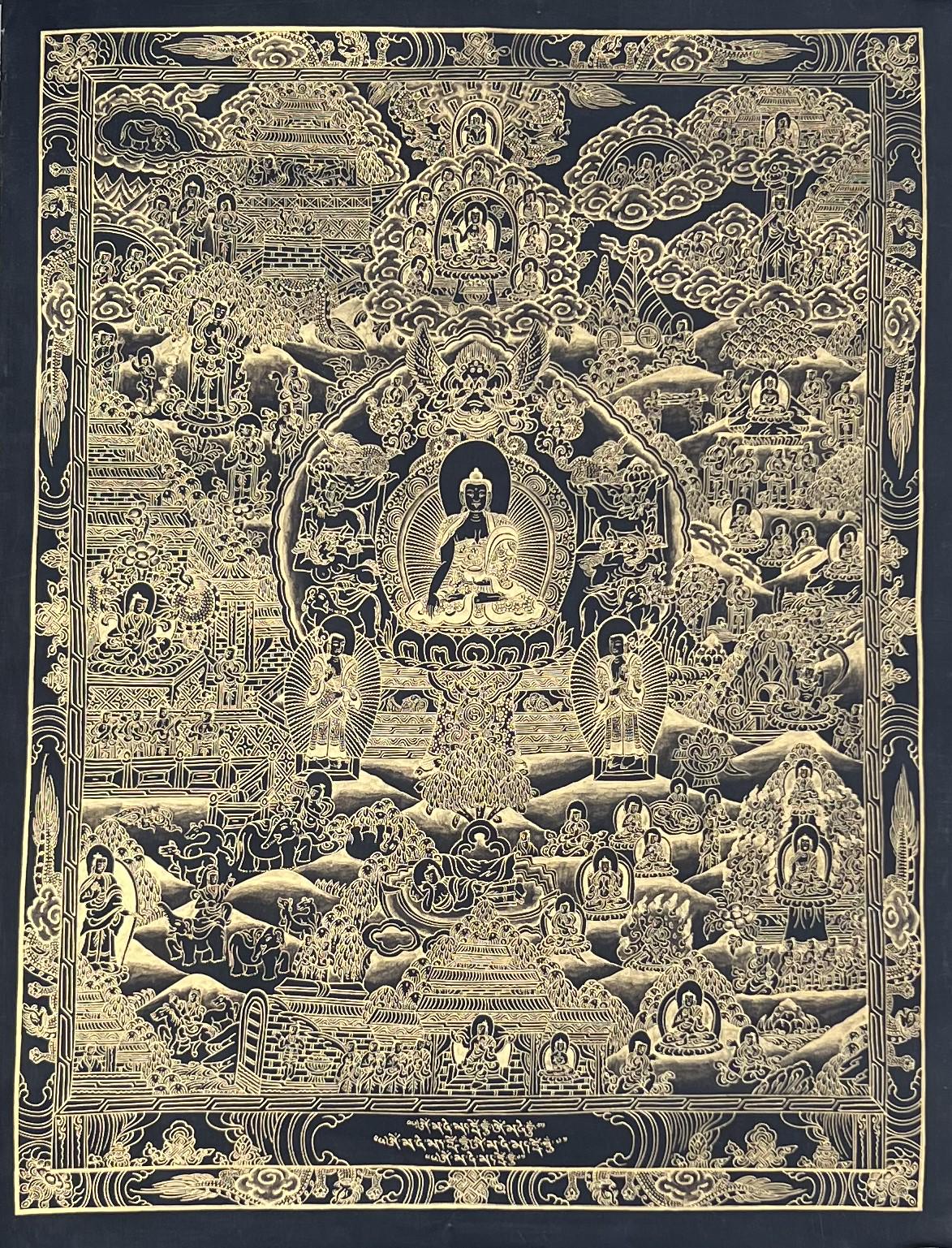 Original Hand-Painted Buddha Life Mandala  Masterpiece Black and Gold Tibetan Meditation Thangka Painting