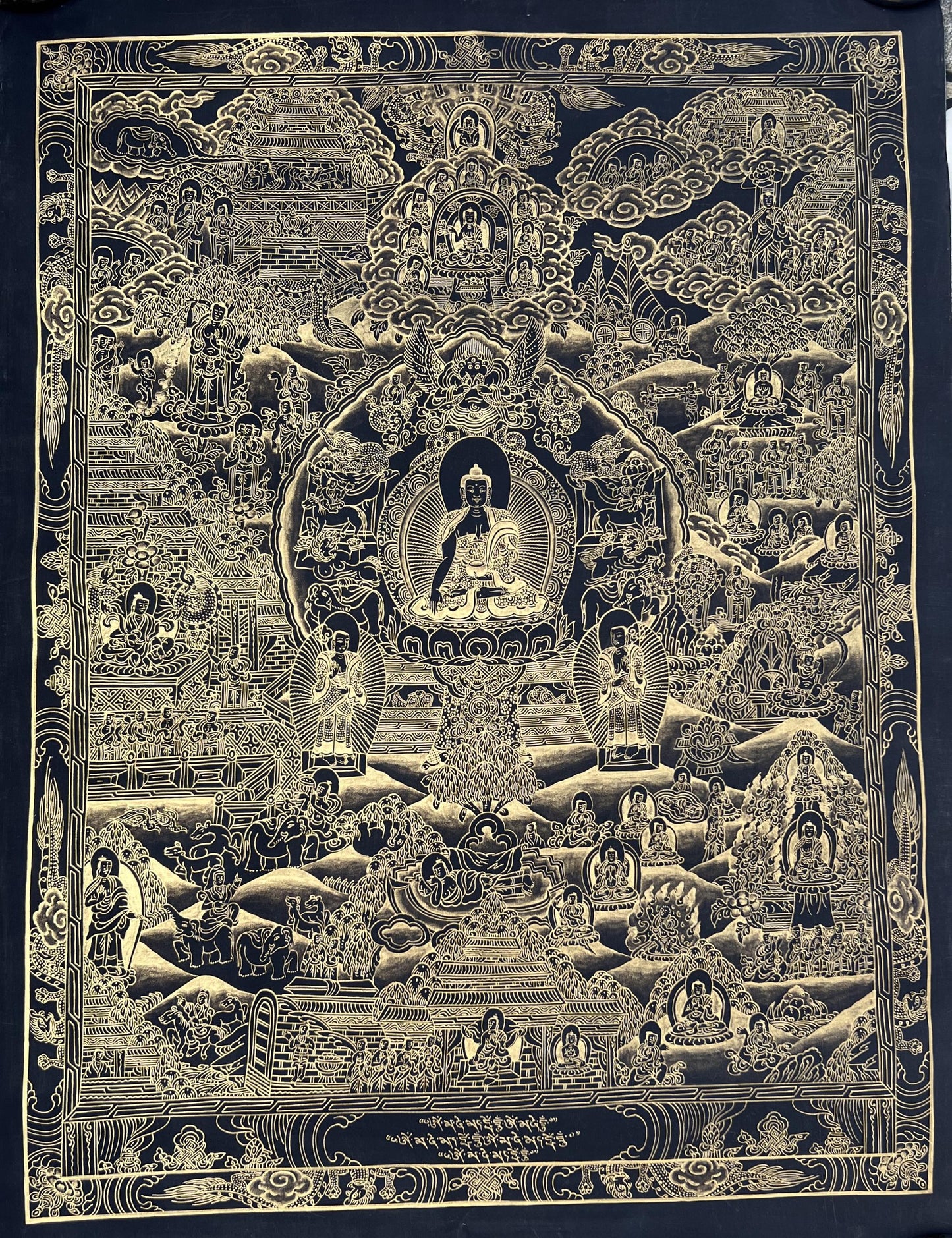 Original Hand-Painted Buddha Life Mandala  Masterpiece Black and Gold Tibetan Meditation Thangka Painting