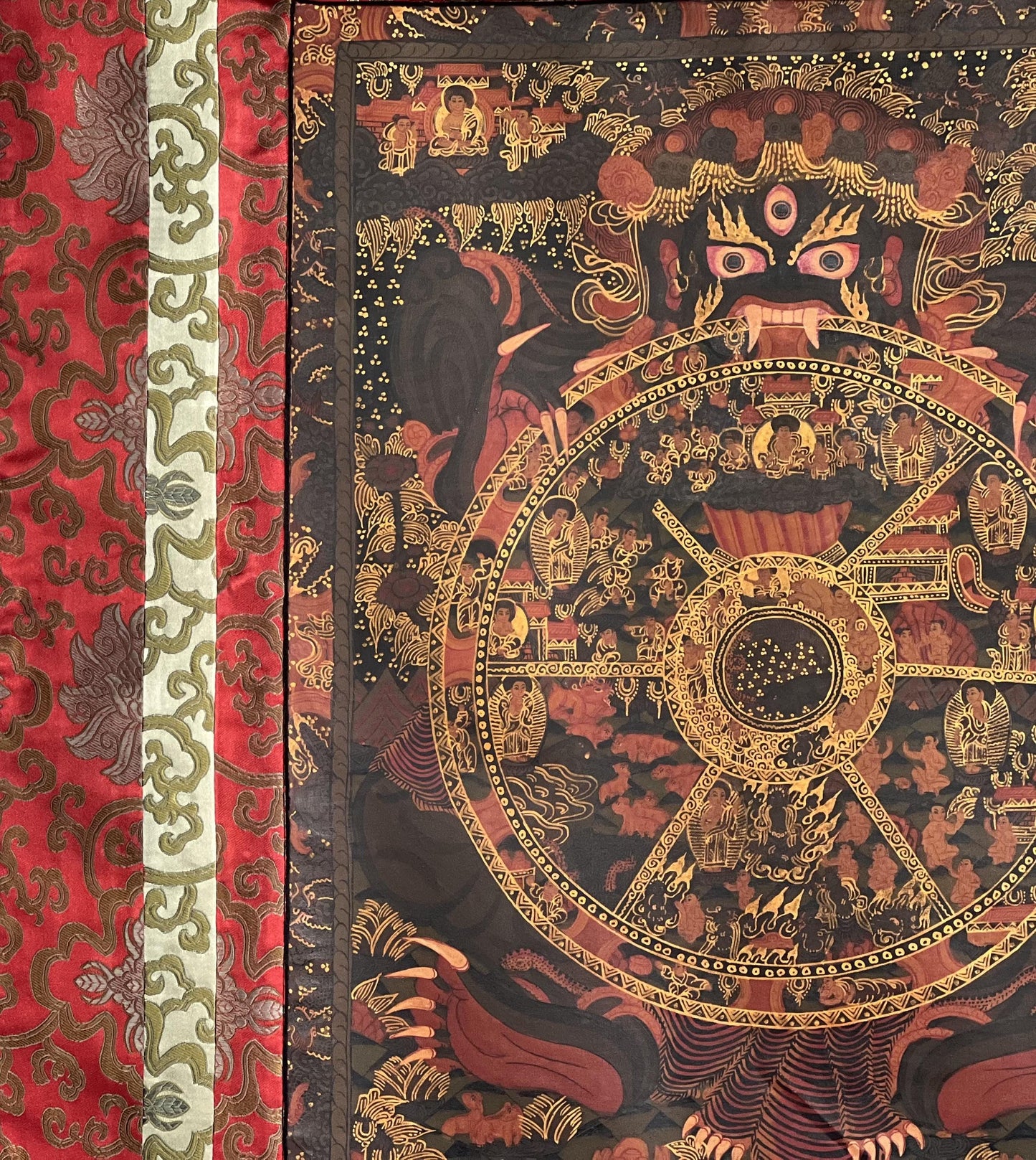 Wheel of Life Samsara Thangka | Semi-Old Bhavacakra Mandala, Silk Brocade Frame