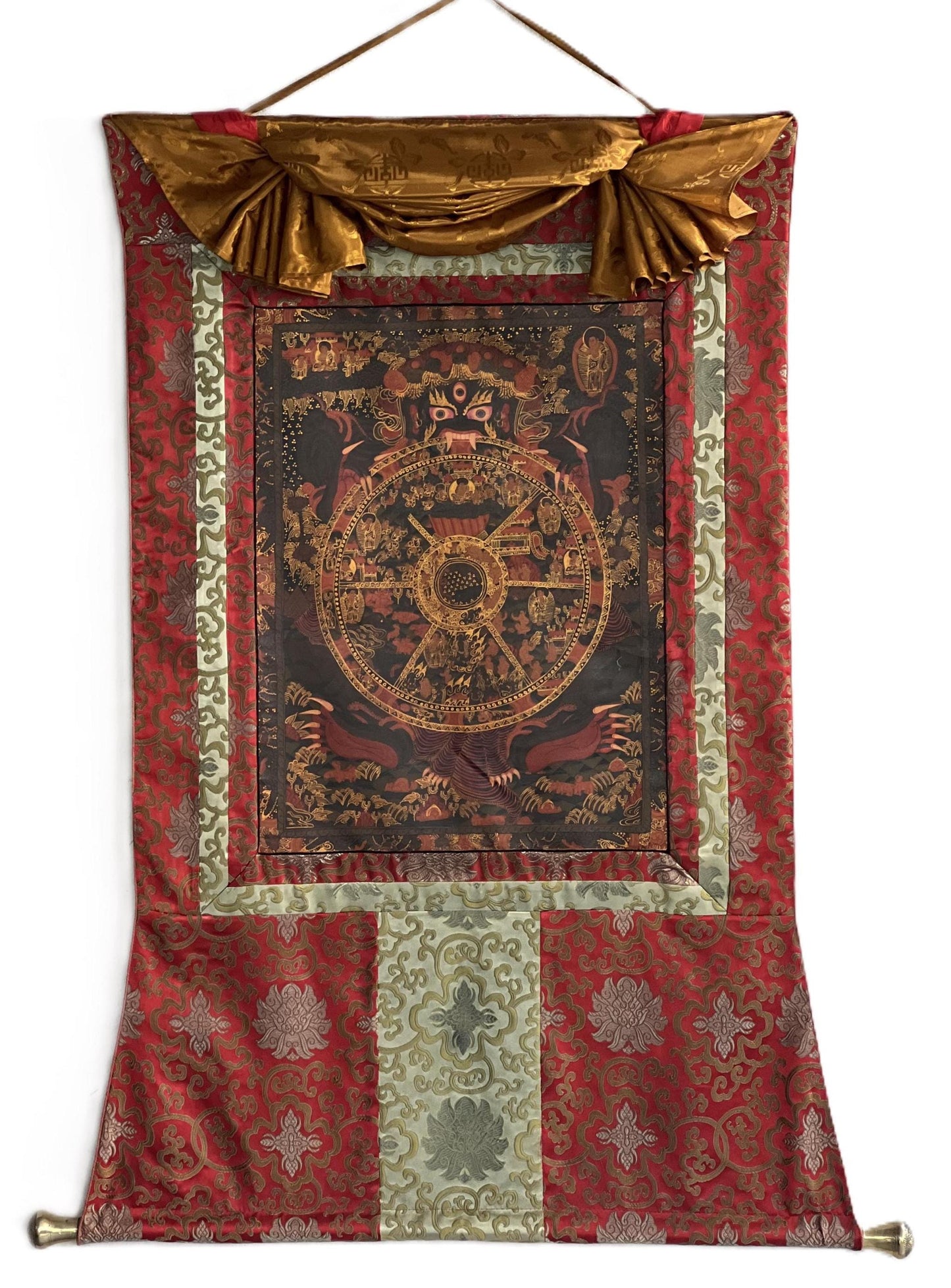 Wheel of Life Samsara Thangka | Semi-Old Bhavacakra Mandala, Silk Brocade Frame