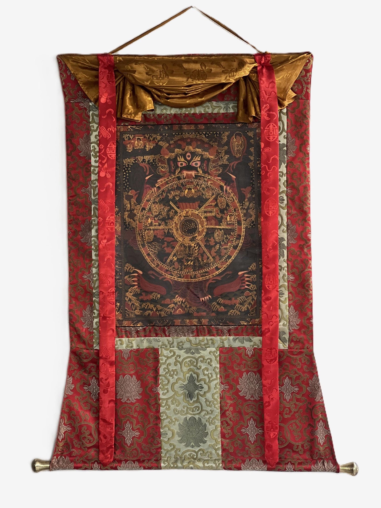 Wheel of Life Samsara Thangka | Semi-Old Bhavacakra Mandala, Silk Brocade Frame