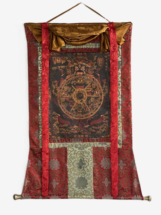 Wheel of Life Samsara Thangka | Semi-Old Bhavacakra Mandala, Silk Brocade Frame