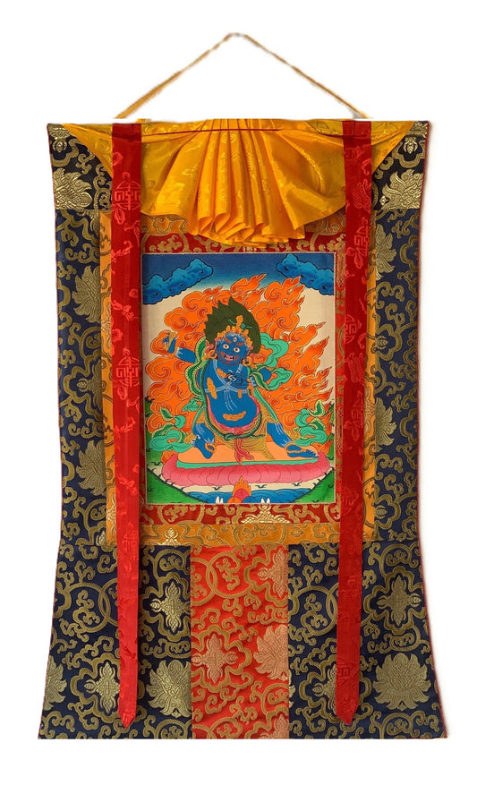 Vajrapani Tibetan Thangka Painting | Wrathful Protector | Hand-Painted Art | Silk Brocade Framed