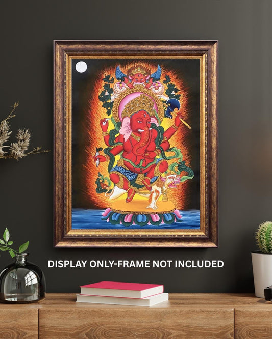 Red Ganesha Painting | Newari Paubha Art, Hindu God on Cotton Canvas