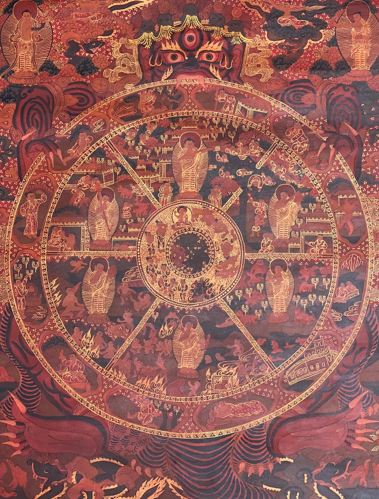 Hand-Painted Bhavacakra Thangka | Tibetan Wheel of Life Mandala Art