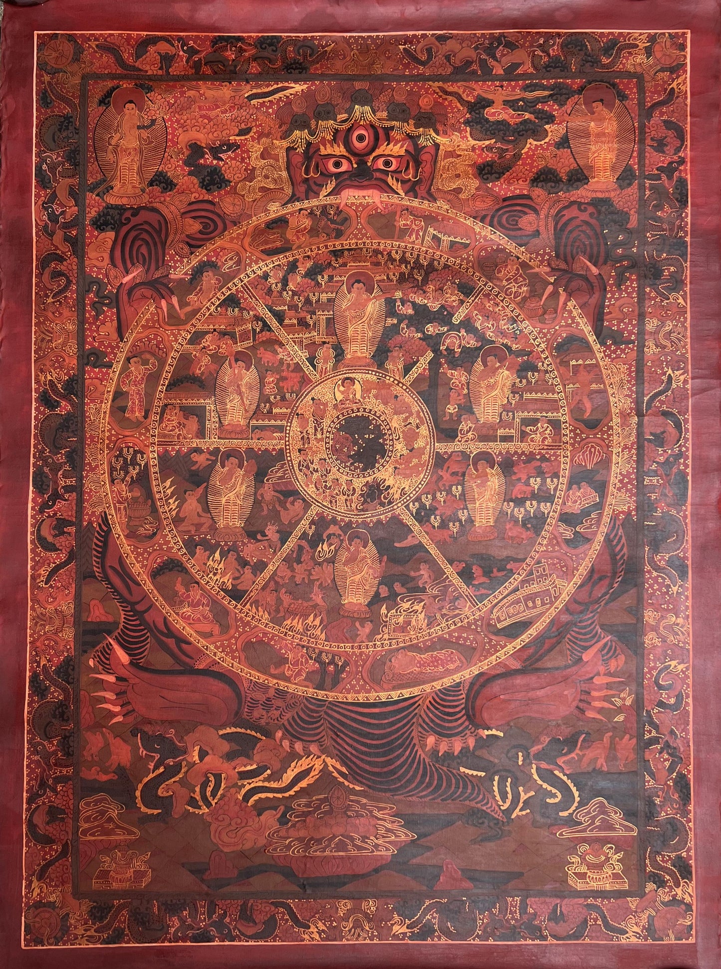 Hand-Painted Bhavacakra Thangka | Tibetan Wheel of Life Mandala Art