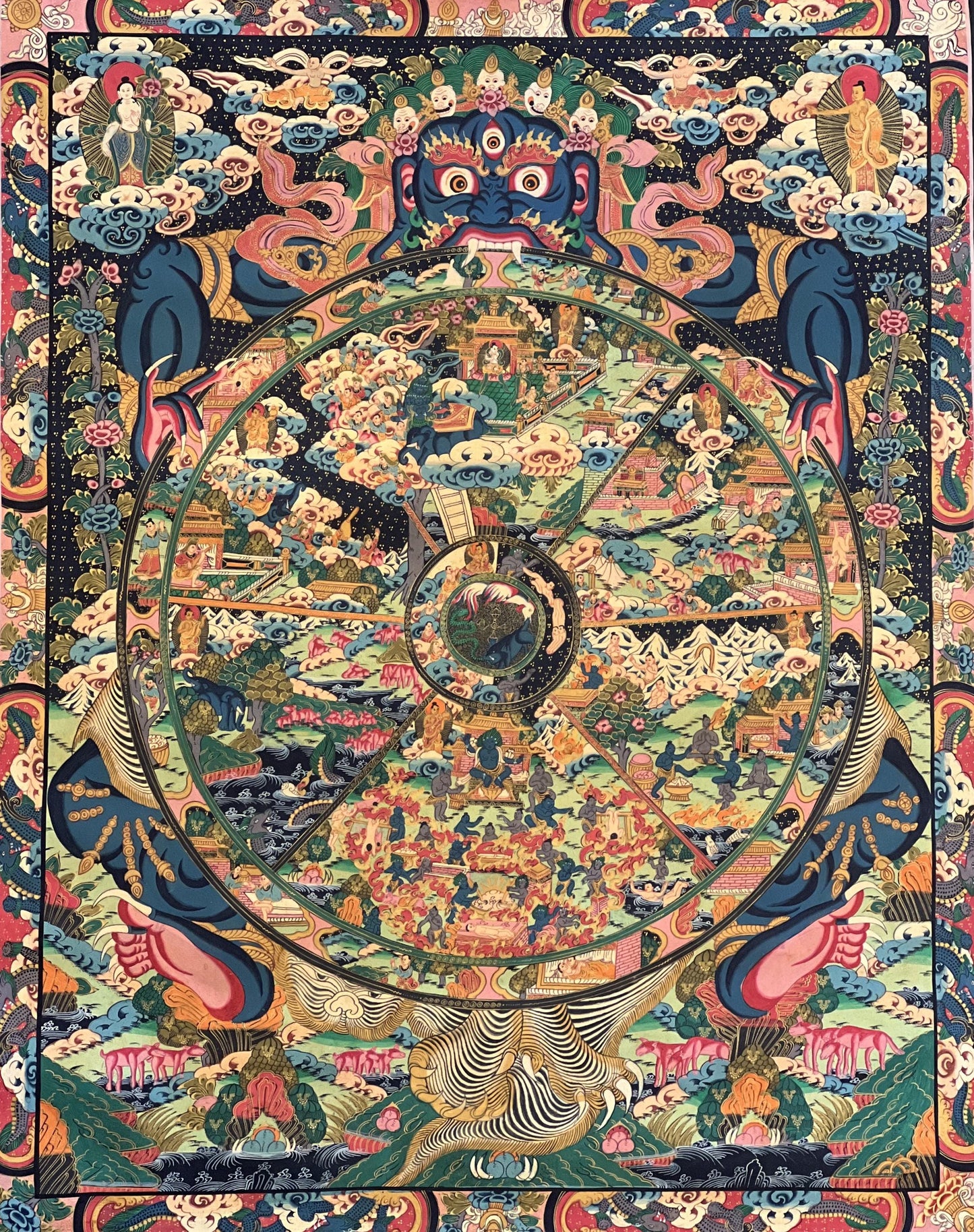 Large Wheel of Life Thangka | Hand-Painted Tibetan Mandala Art