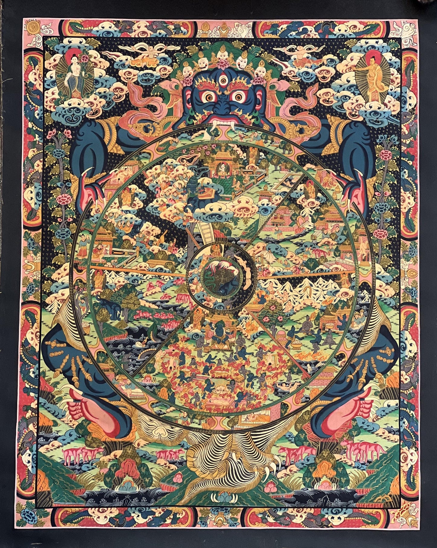 Large Wheel of Life Thangka | Hand-Painted Tibetan Mandala Art