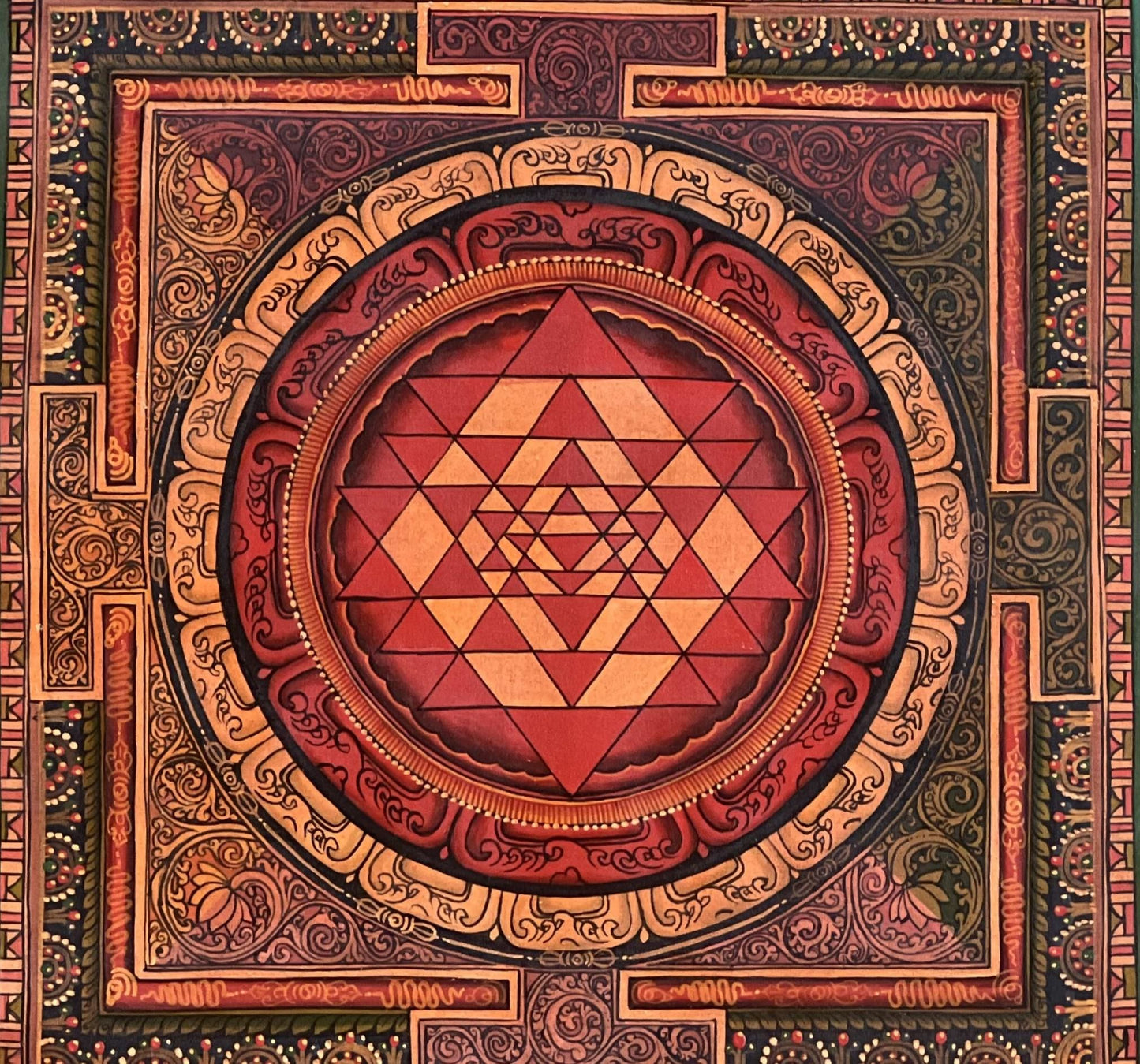 Hand-Painted Shri Yantra Mandala Thangka - Sacred Geometry Art