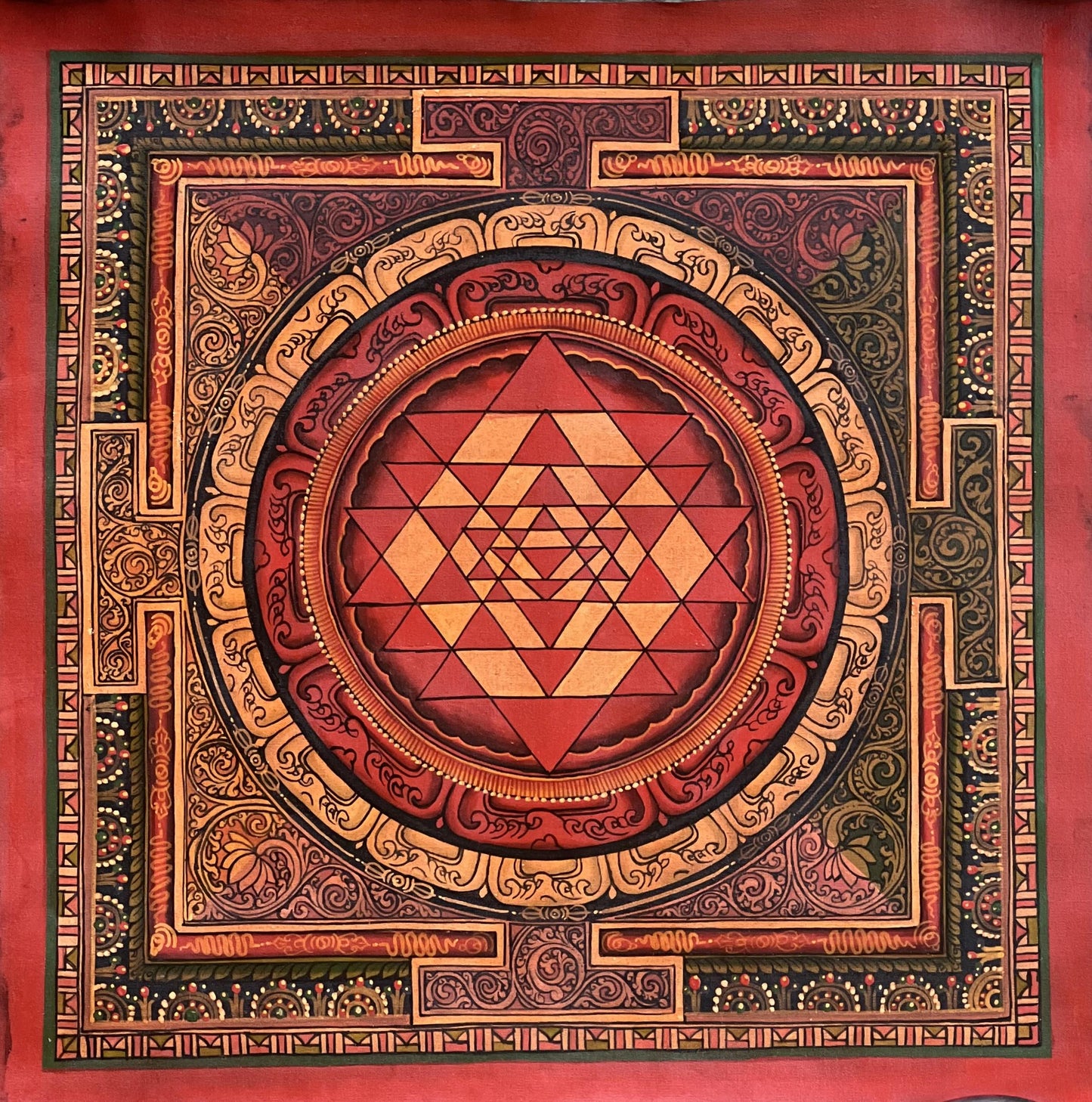 Hand-Painted Shri Yantra Mandala Thangka - Sacred Geometry Art