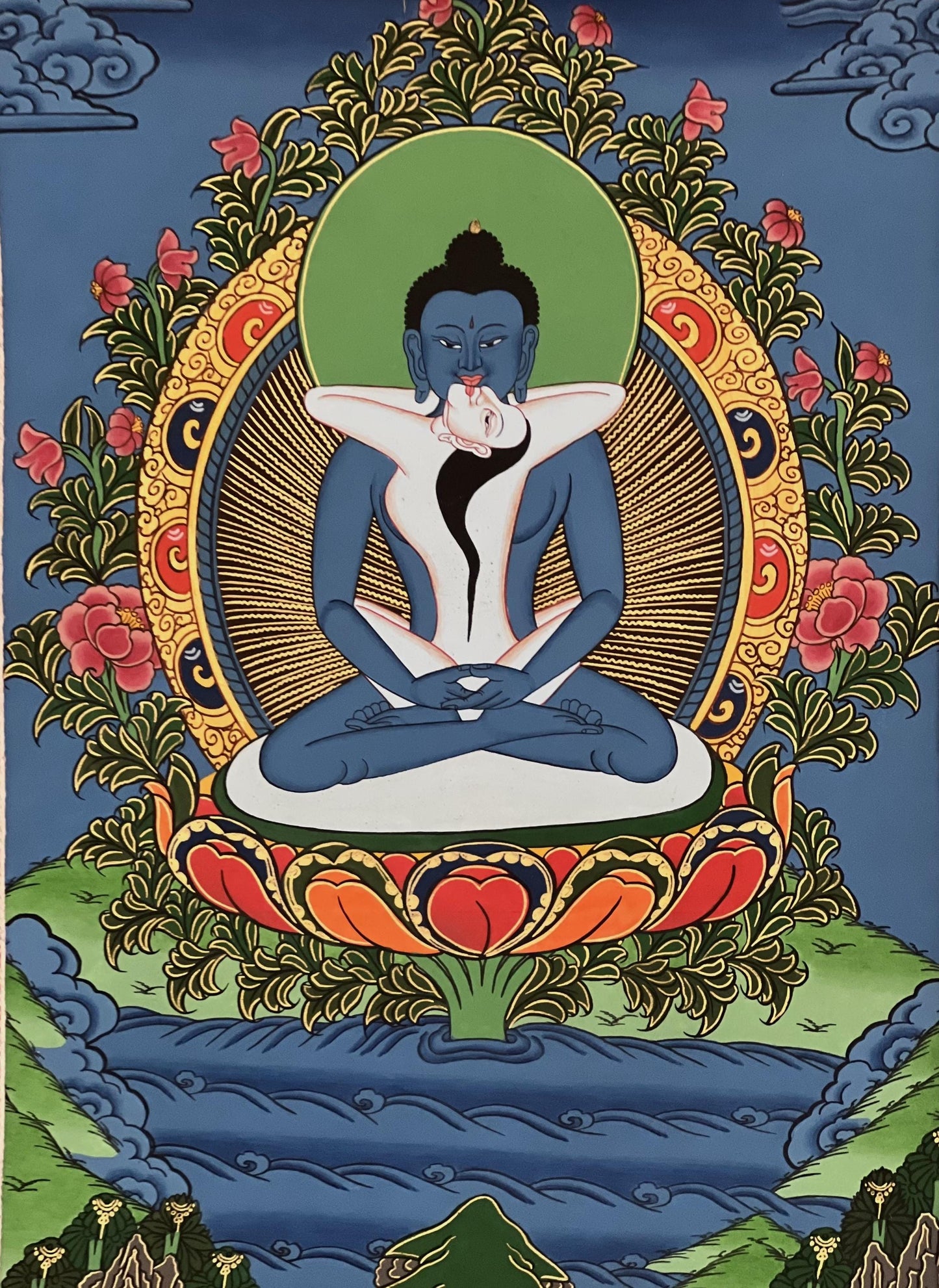 Hand-Painted Buddha Shakti Thangka | Tibetan Yab-Yum Art