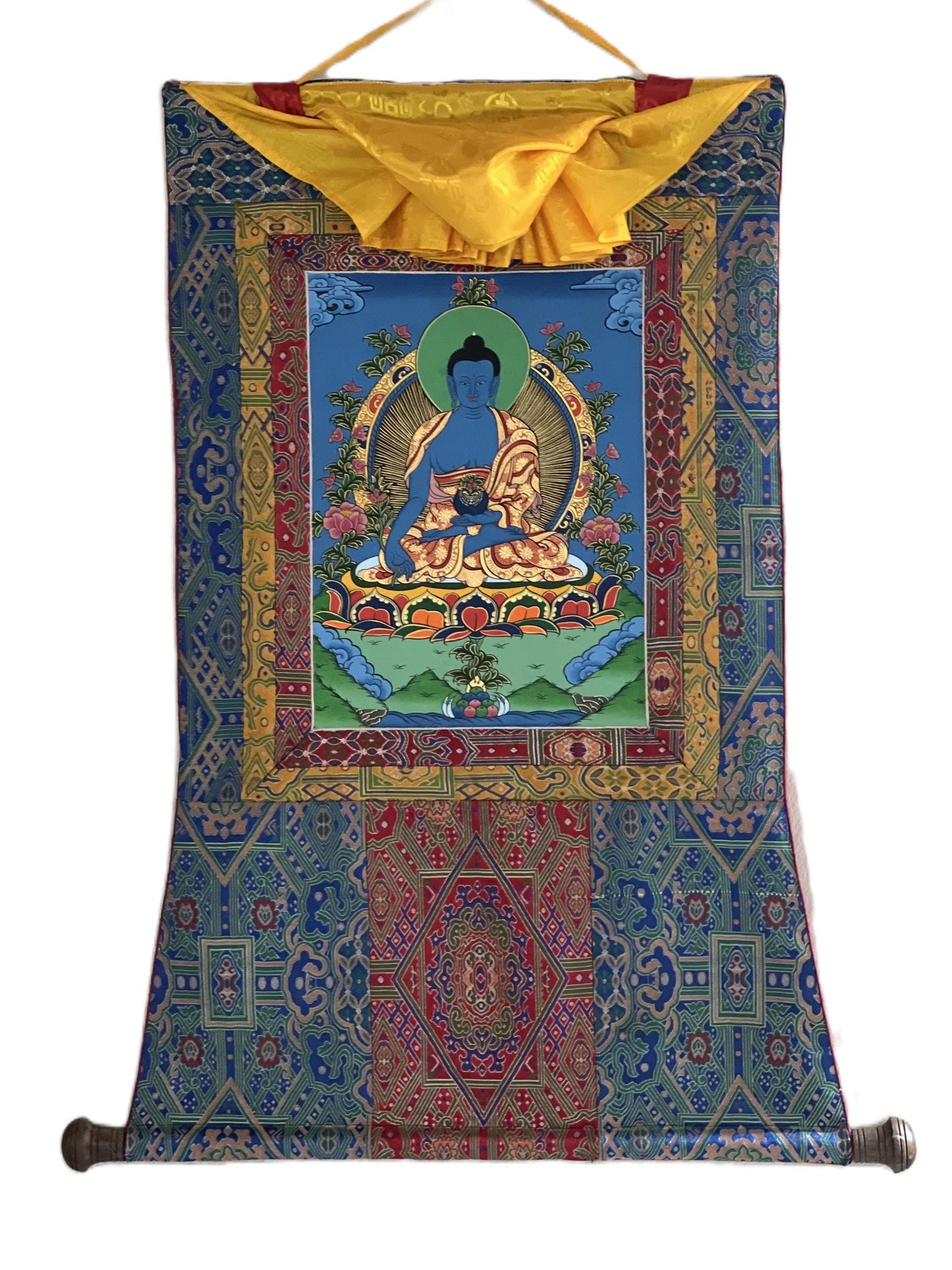 Hand-Painted Medicine Buddha Thangka | Tibetan Healing Art with Brocade