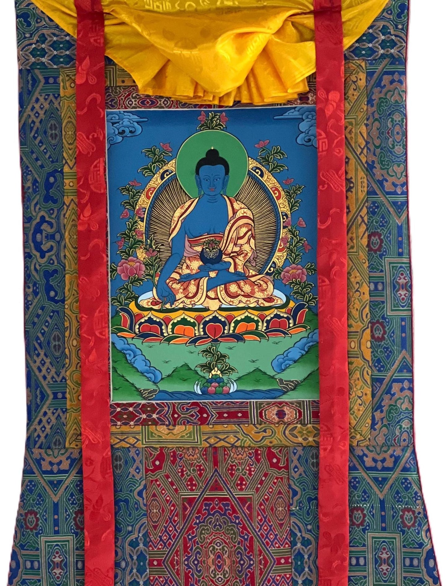 Hand-Painted Medicine Buddha Thangka | Tibetan Healing Art with Brocade