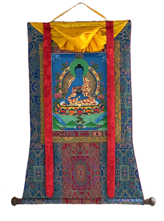 Hand-Painted Medicine Buddha Thangka | Tibetan Healing Art with Brocade