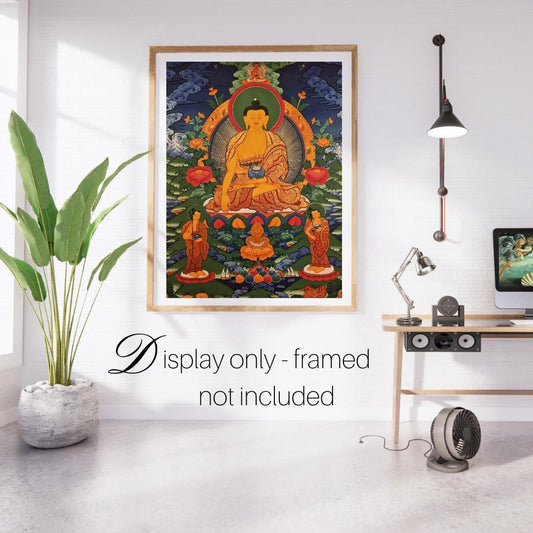 Hand-Painted Shakyamuni Buddha Thangka with Two Disciples - Fine Tibetan Wall Hanging Art from Nepal