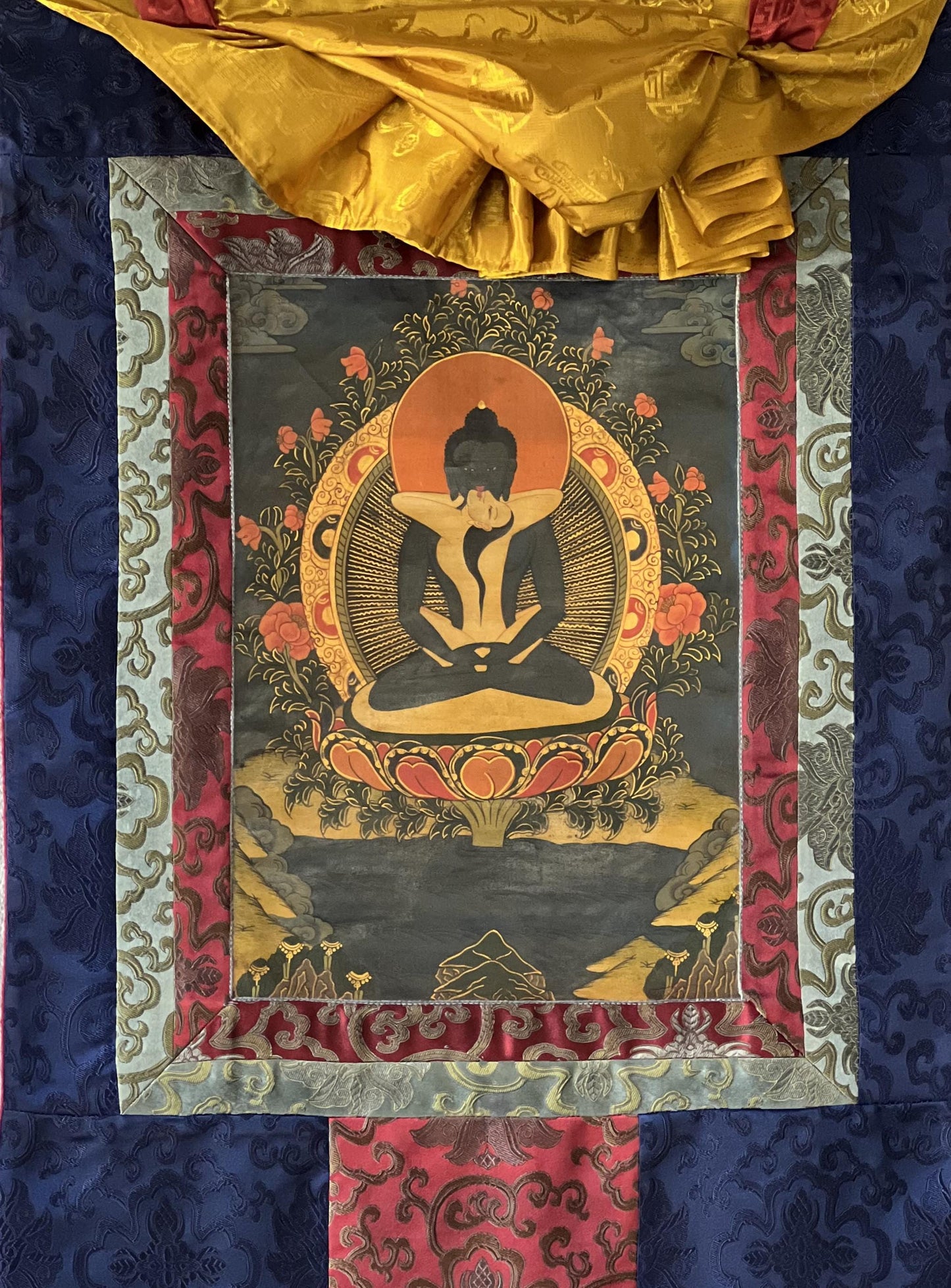 Hand-Painted Samantabhadra Thangka | Tibetan Buddhist Art, Silk Brocade, Oil Varnished