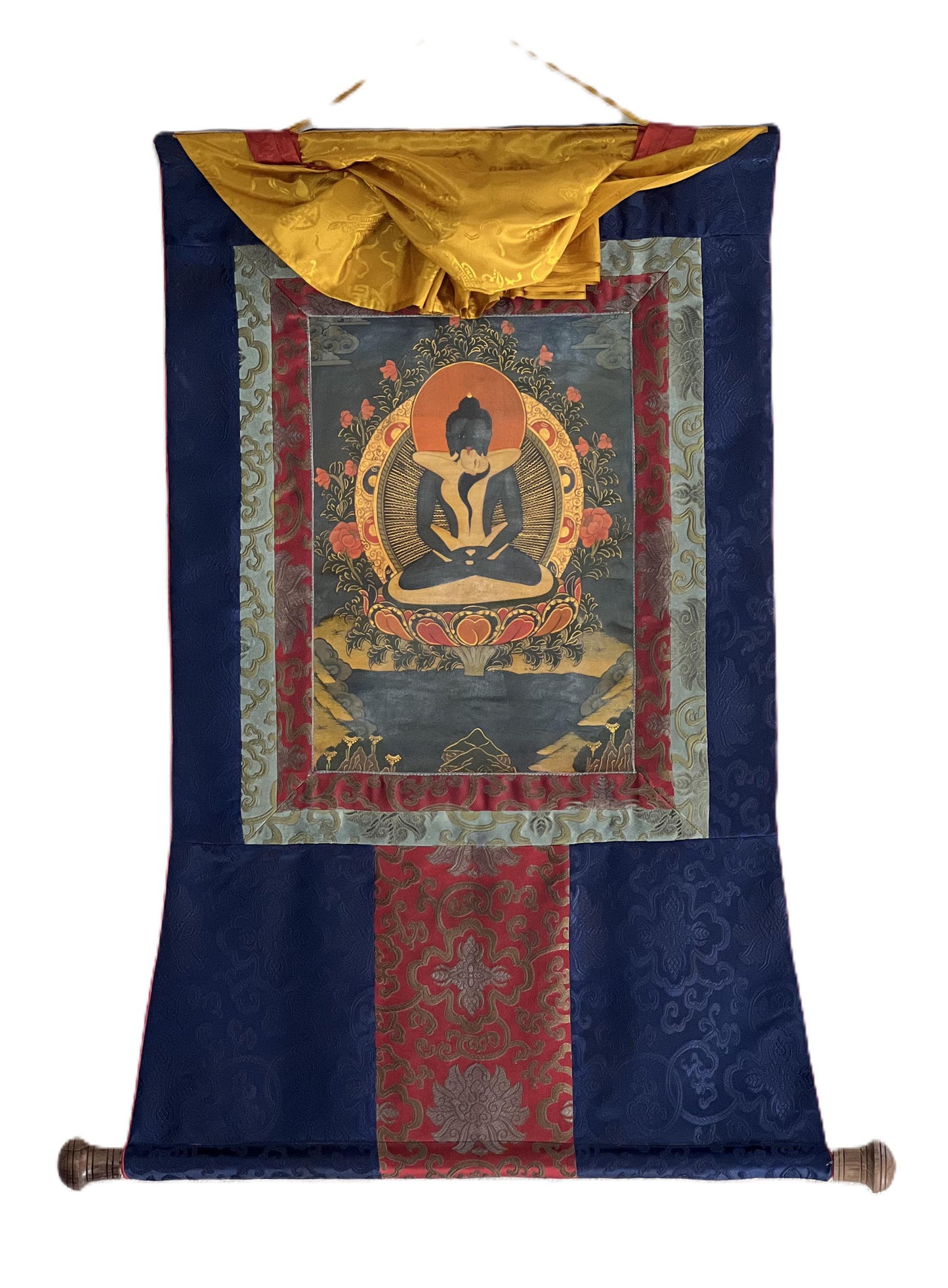 Hand-Painted Samantabhadra Thangka | Tibetan Buddhist Art, Silk Brocade, Oil Varnished