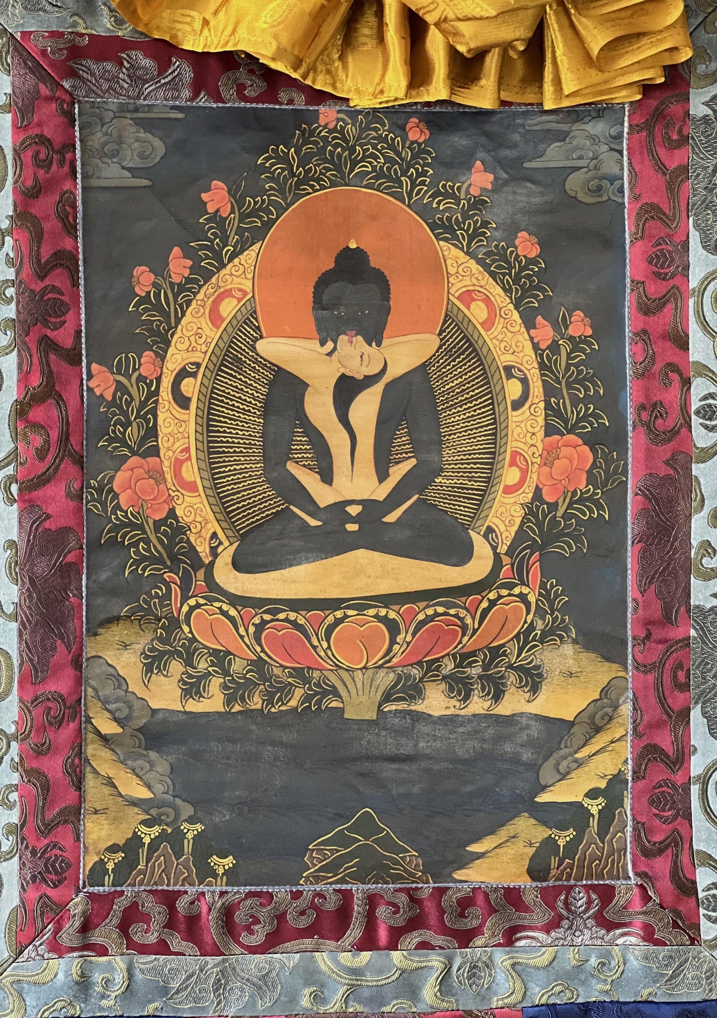 Hand-Painted Samantabhadra Thangka | Tibetan Buddhist Art, Silk Brocade, Oil Varnished