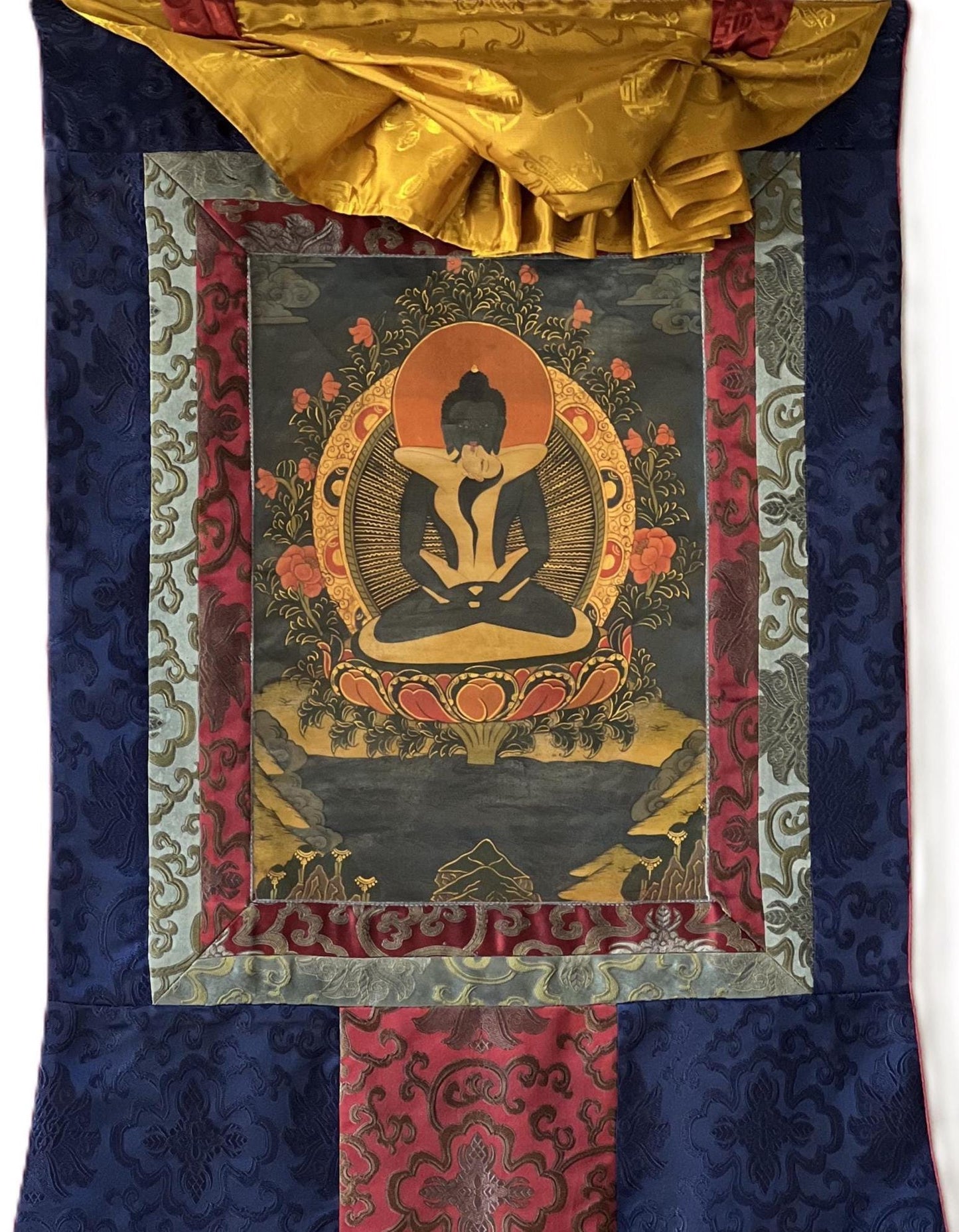 Hand-Painted Samantabhadra Thangka | Tibetan Buddhist Art, Silk Brocade, Oil Varnished