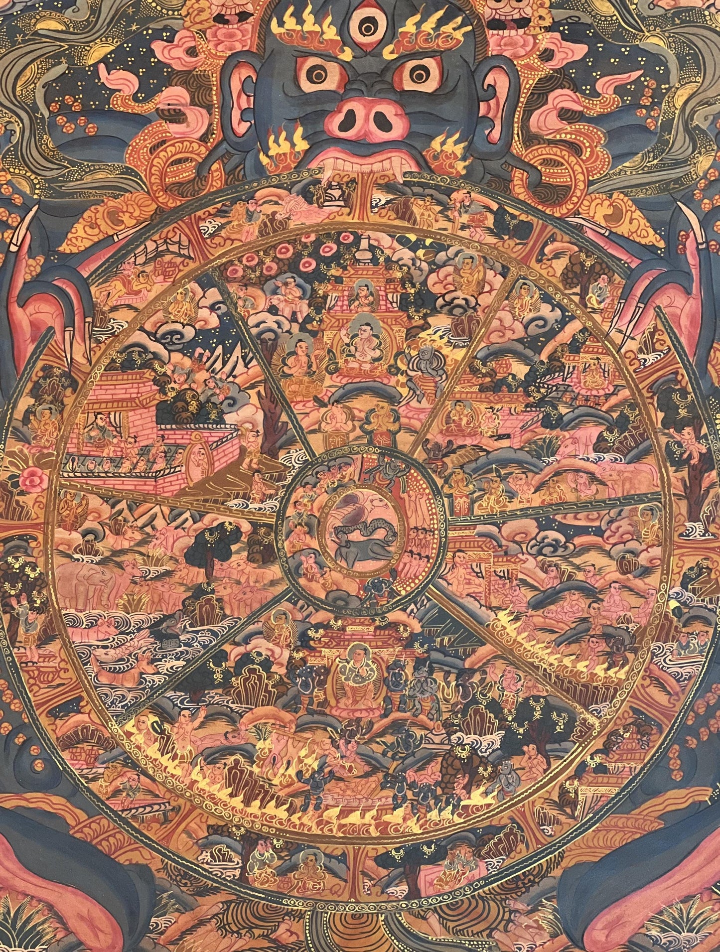 Hand-Painted Wheel of Life Thangka – Oil Varnished Buddhist Art