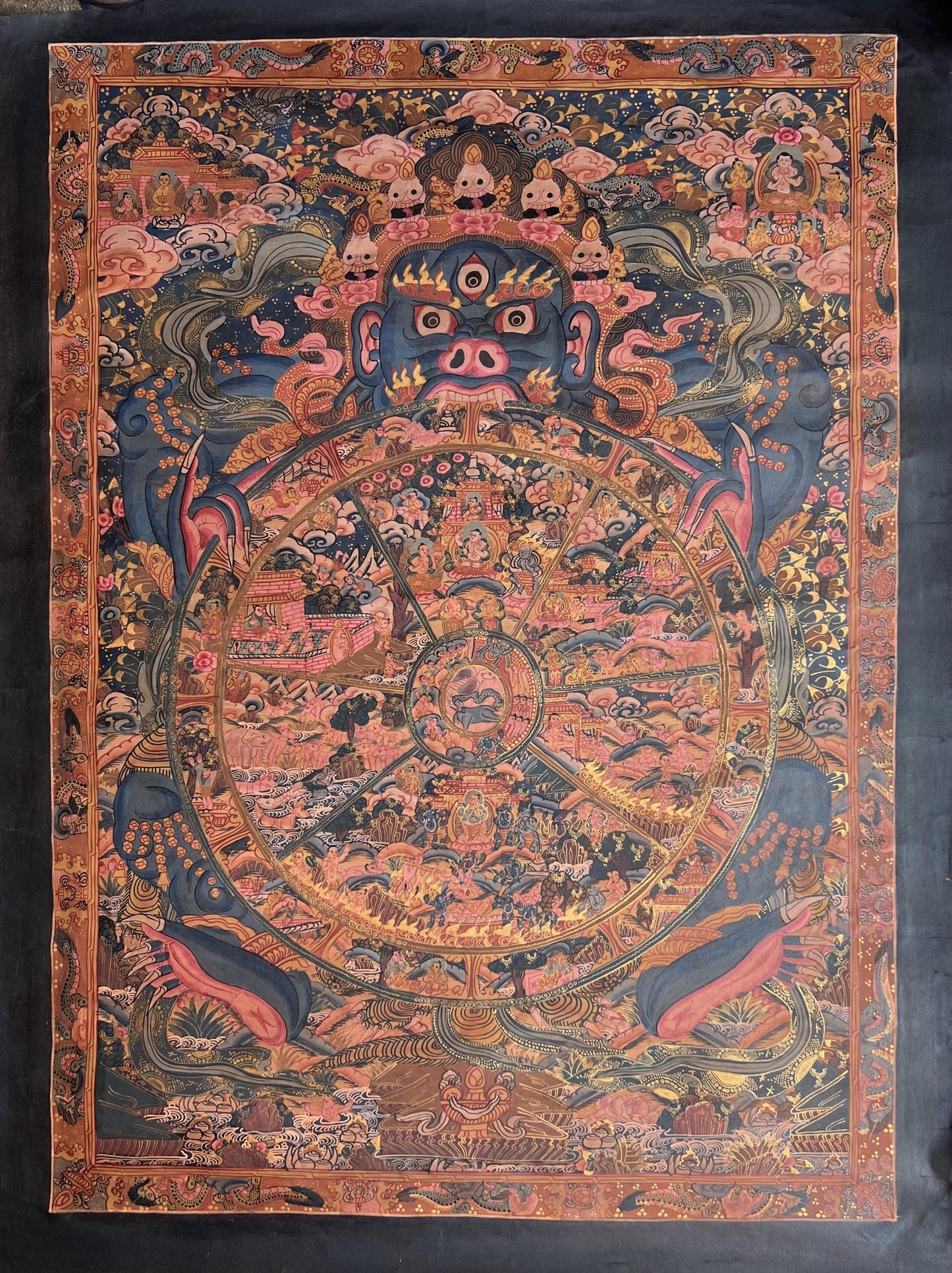 Hand-Painted Wheel of Life Thangka – Oil Varnished Buddhist Art