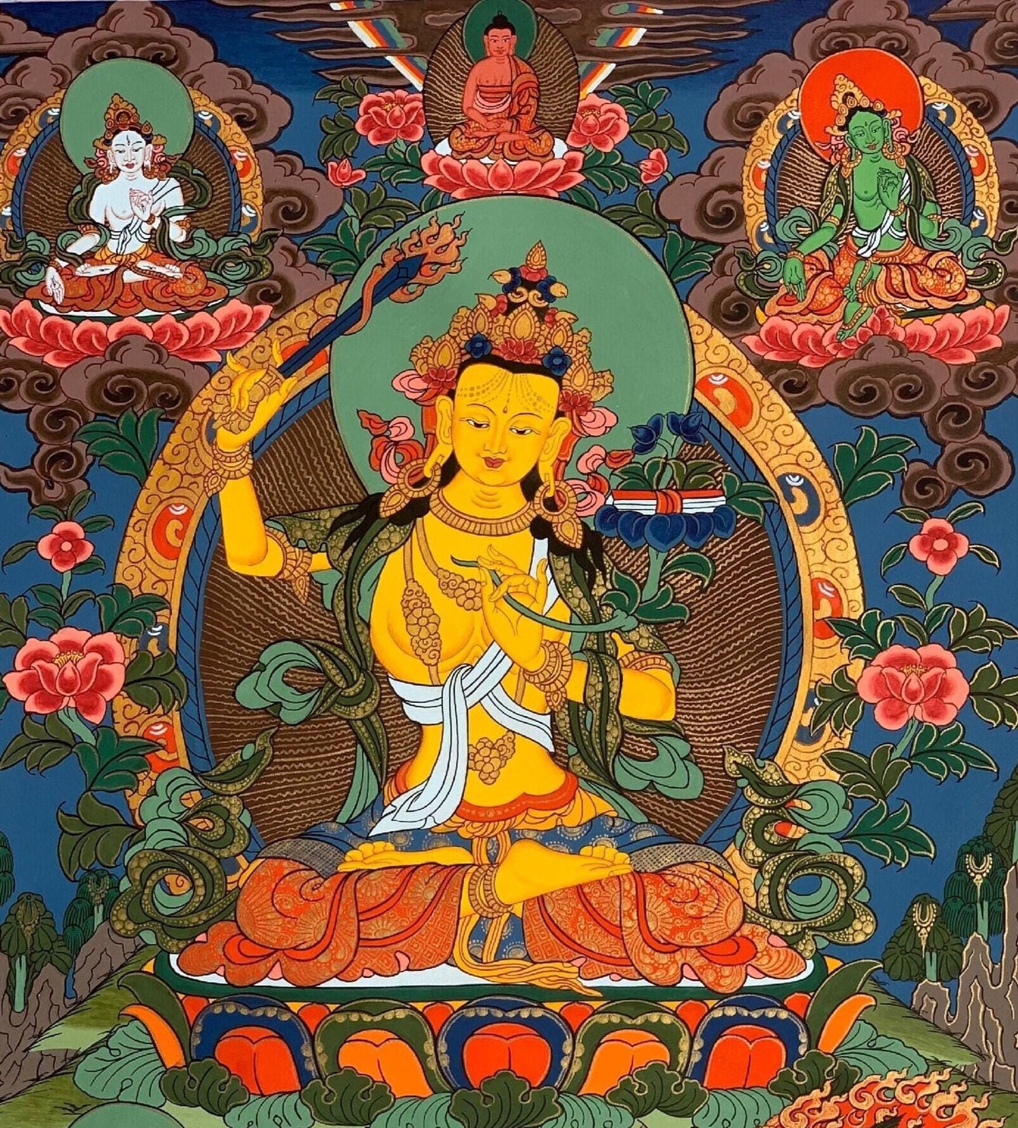 Manjushri Thangka Painting | Tibetan God of Wisdom | Hand-Painted Buddhist Art | Silk Brocade Available