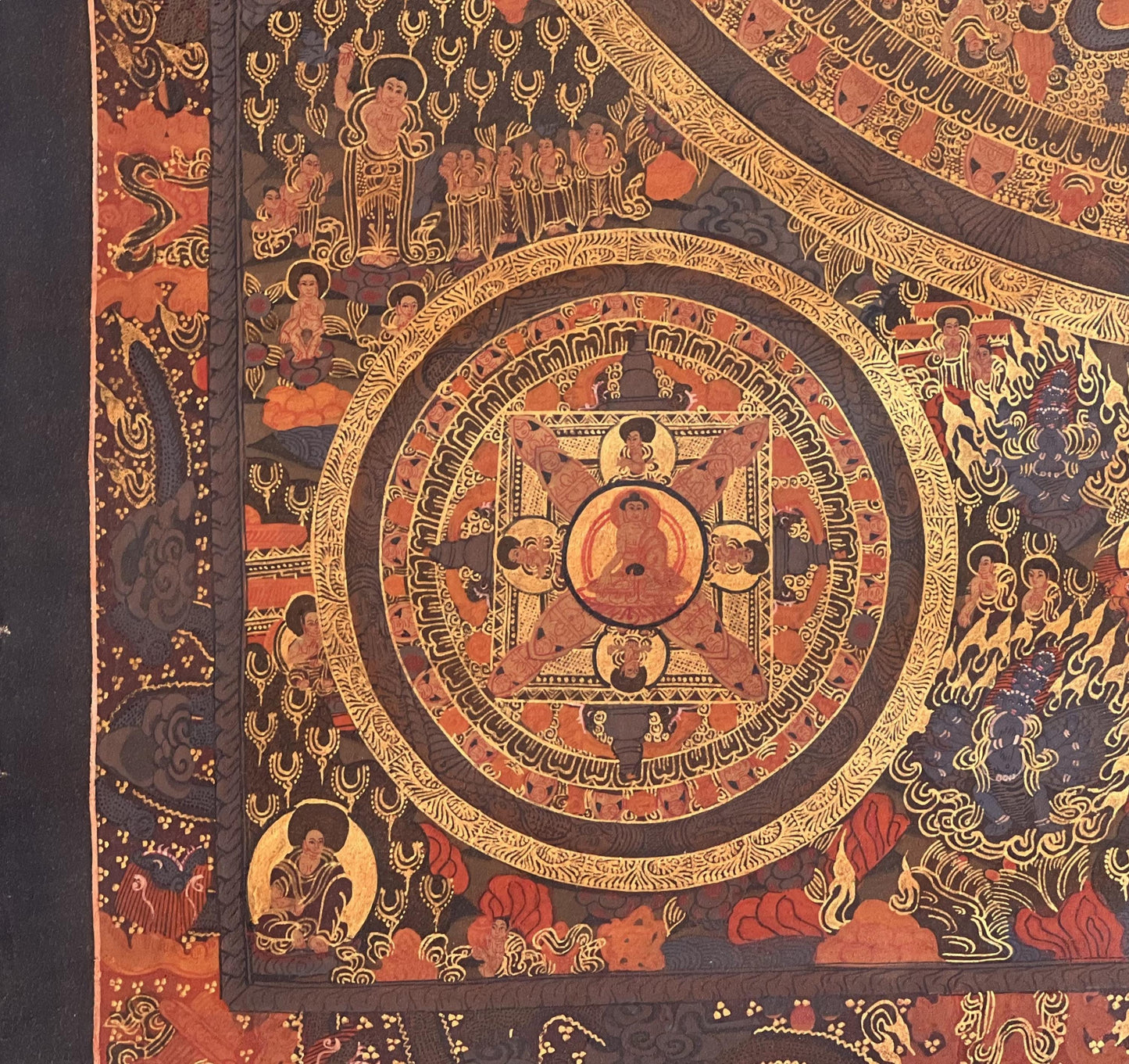 Hand-Painted Pancha Buddha Mandala Thangka | Large Oil-VARNISHED Tibetan Art
