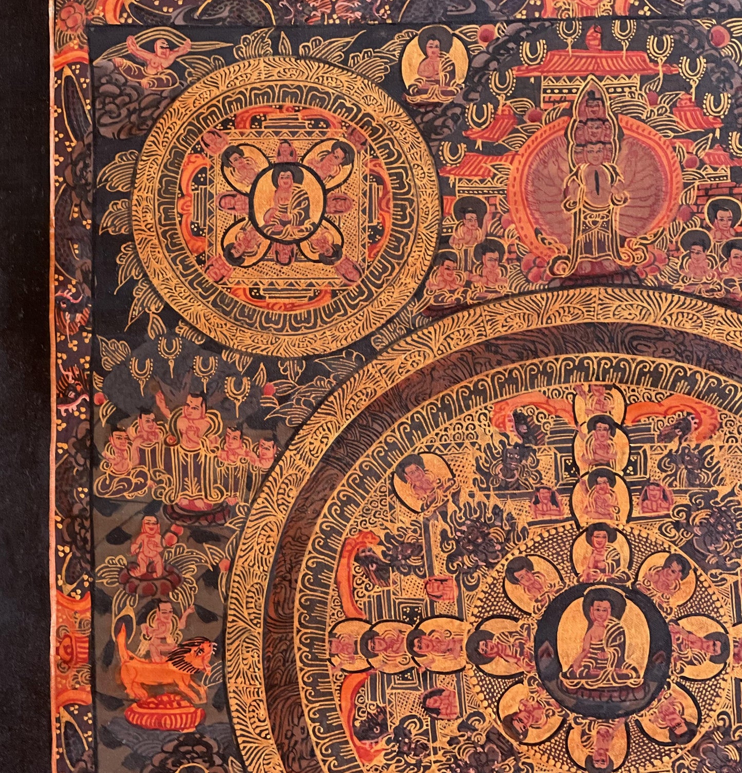 Original Hand-Painted Big Circle Buddha Life Mandala Thangka | Oil-Varnished Tibetan Art | Avalokiteshvara Mandala