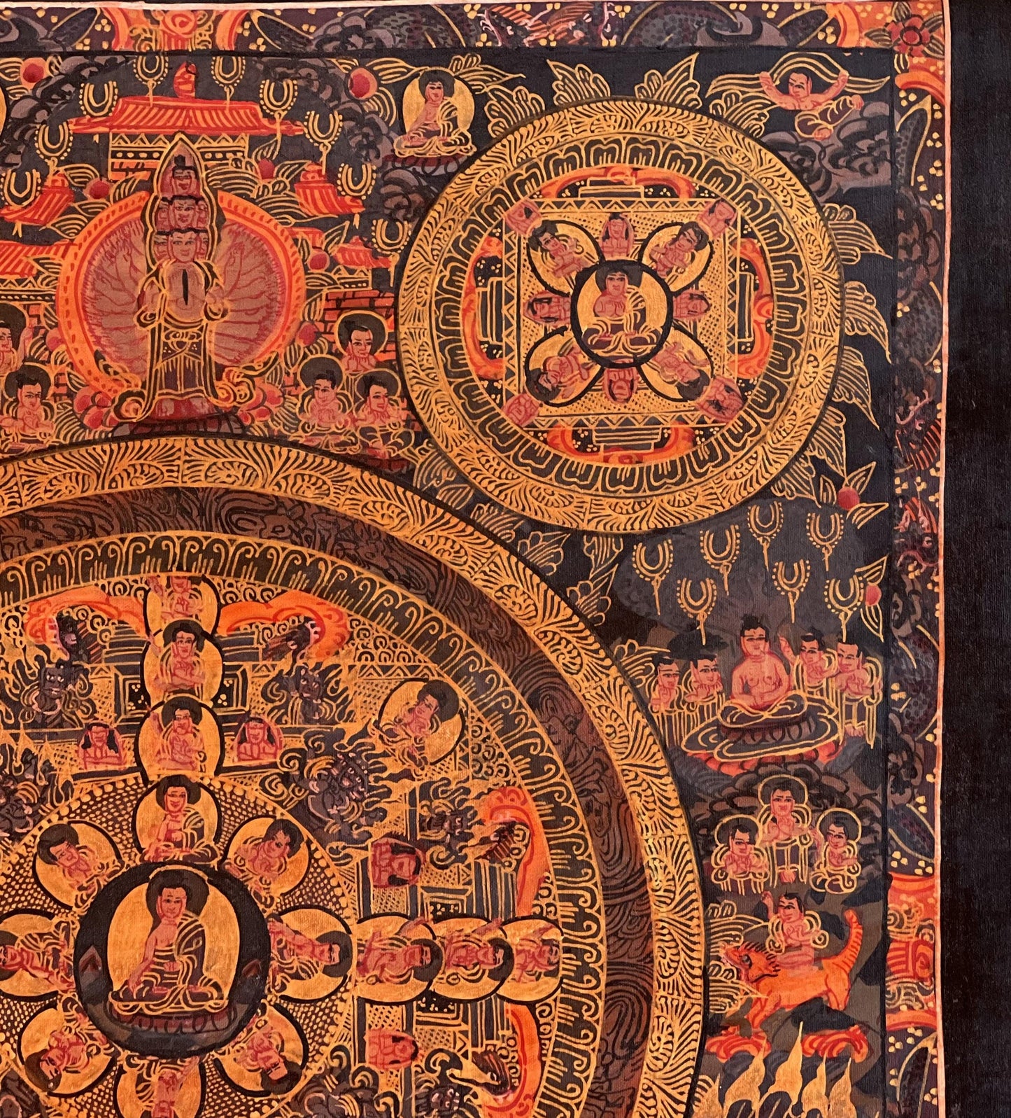 Original Hand-Painted Big Circle Buddha Life Mandala Thangka | Oil-Varnished Tibetan Art | Avalokiteshvara Mandala