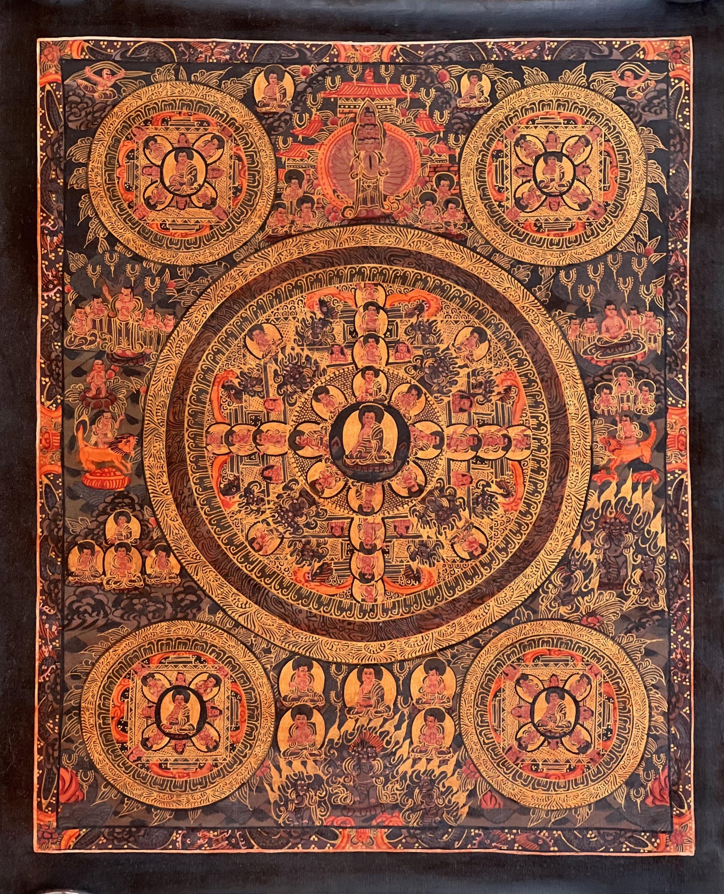 Original Hand-Painted Big Circle Buddha Life Mandala Thangka | Oil-Varnished Tibetan Art | Avalokiteshvara Mandala