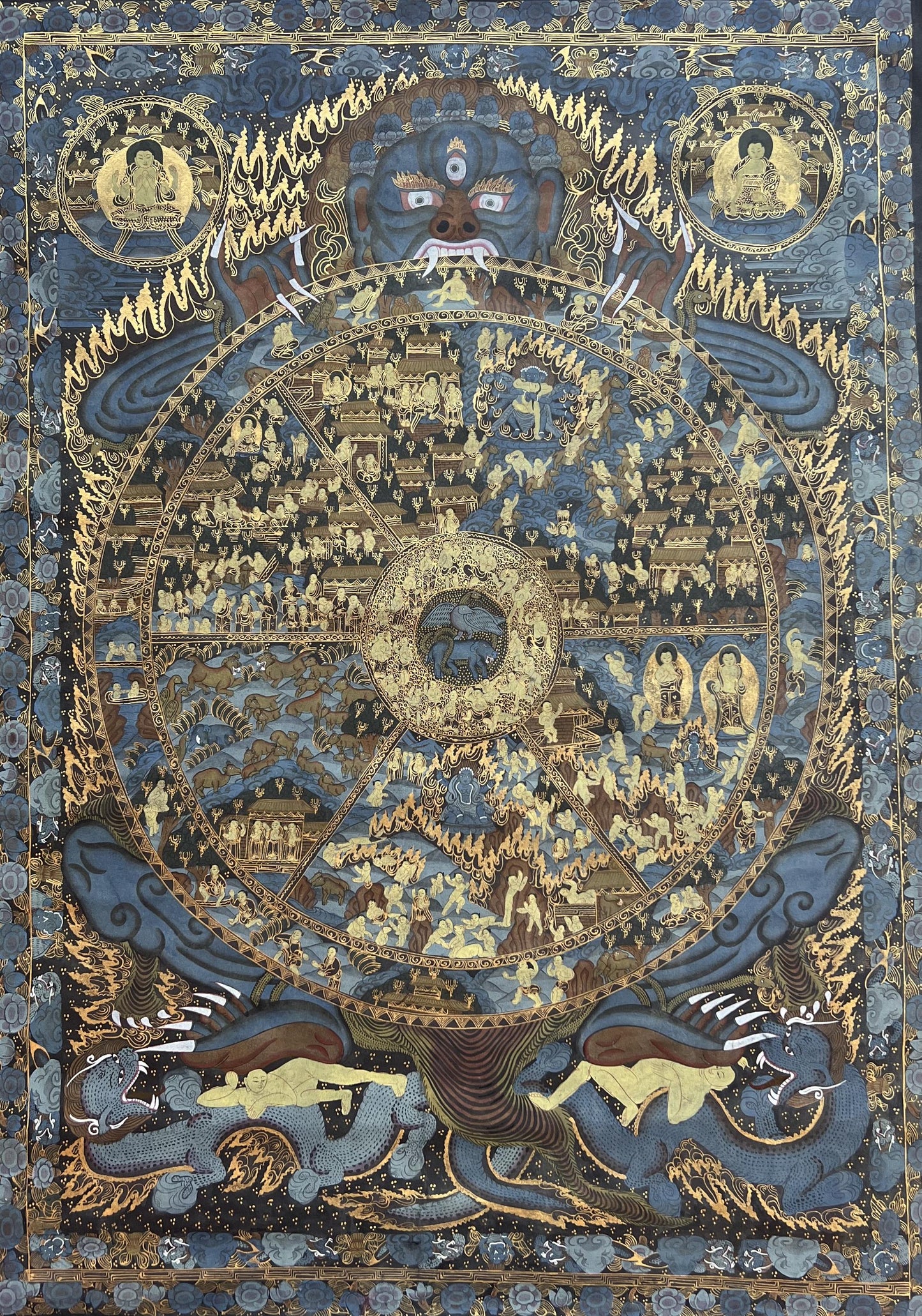 Large Wheel of Life Thangka Painting | Hand-Painted Bhavacakra Samsara Mandala Art