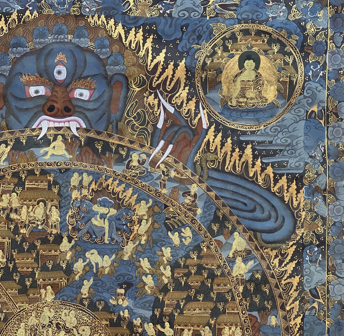 Large Wheel of Life Thangka Painting | Hand-Painted Bhavacakra Samsara Mandala Art