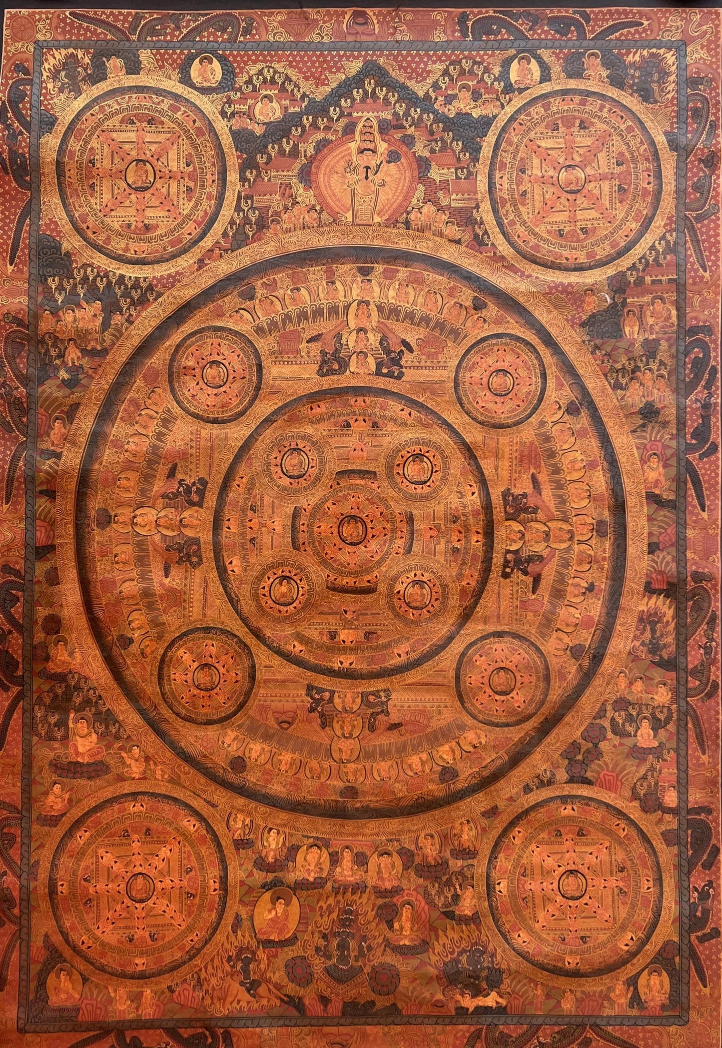 Hand-Painted Large Pancha Buddha Mandala Thangka | Oil Varnished Tibetan Buddhist Art