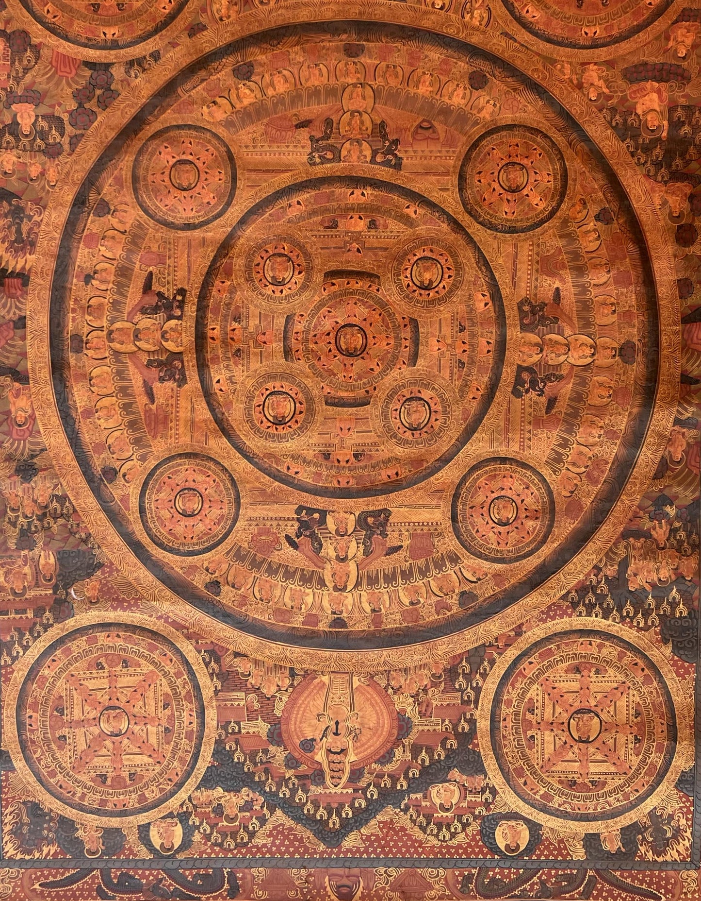 Hand-Painted Large Pancha Buddha Mandala Thangka | Oil Varnished Tibetan Buddhist Art