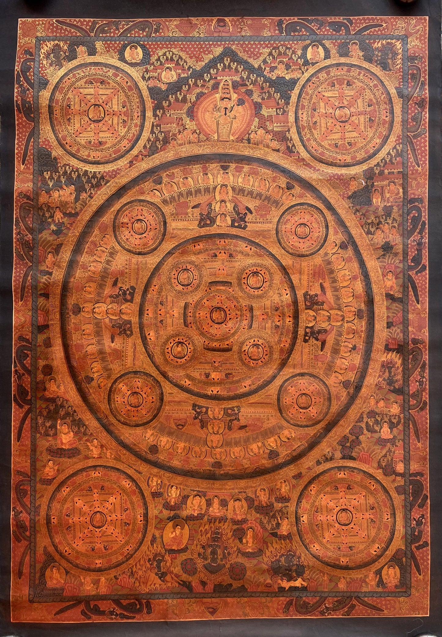 Hand-Painted Large Pancha Buddha Mandala Thangka | Oil Varnished Tibetan Buddhist Art