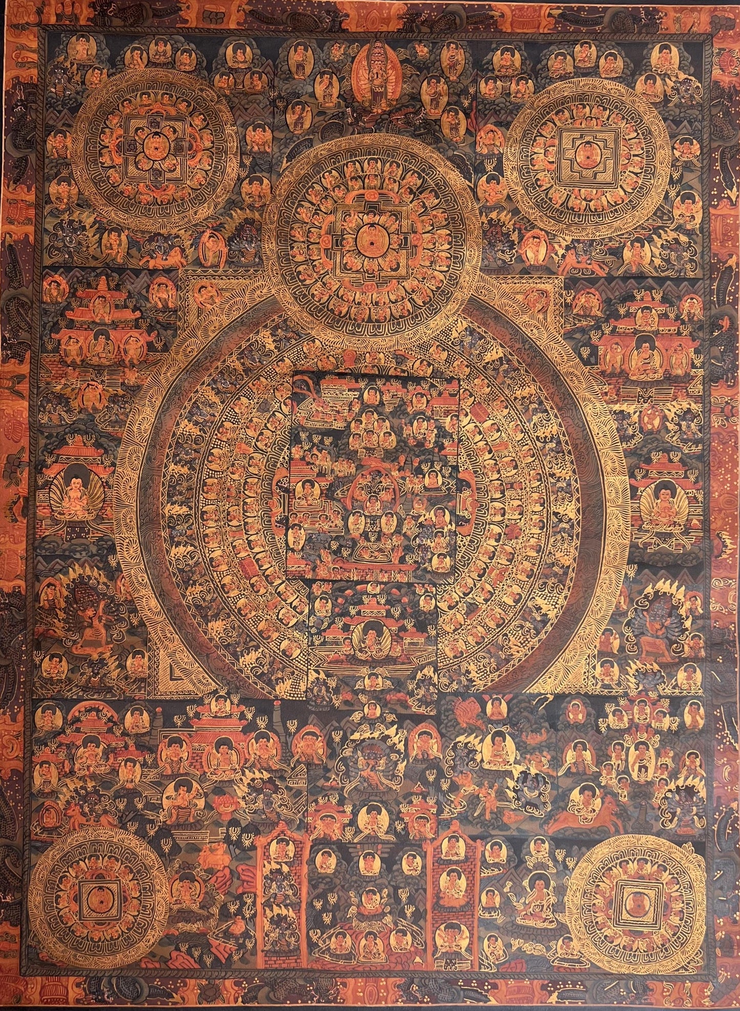 Hand-Painted Pancha Buddha Mandala Large Thangka Painting | Oil-Varnished Tibetan Art