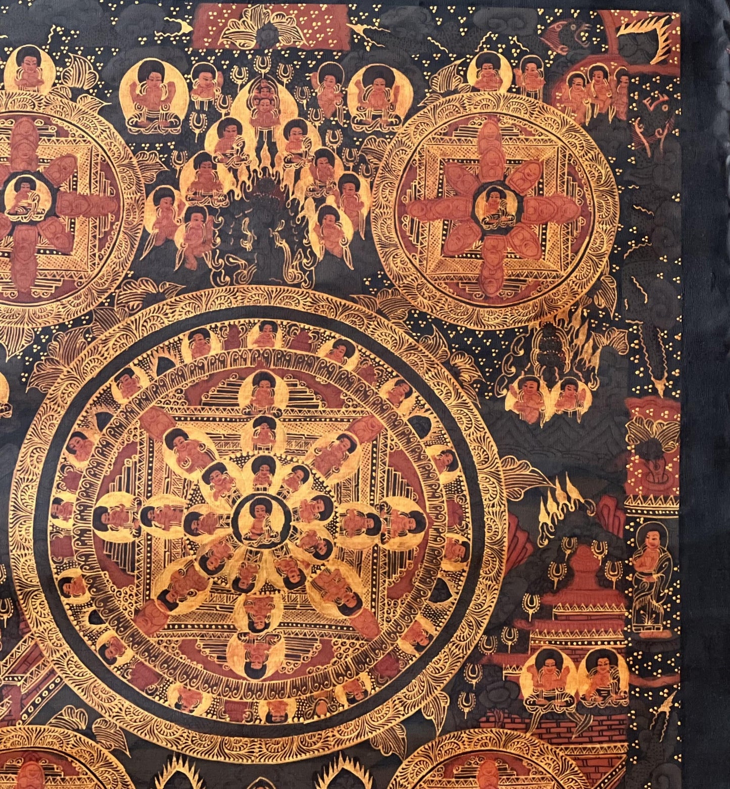 Semi-Old Oil Varnished Big Circle Buddha Life Mandala Thangka | Bhavacakra Mandala | Tibetan Buddhist Art