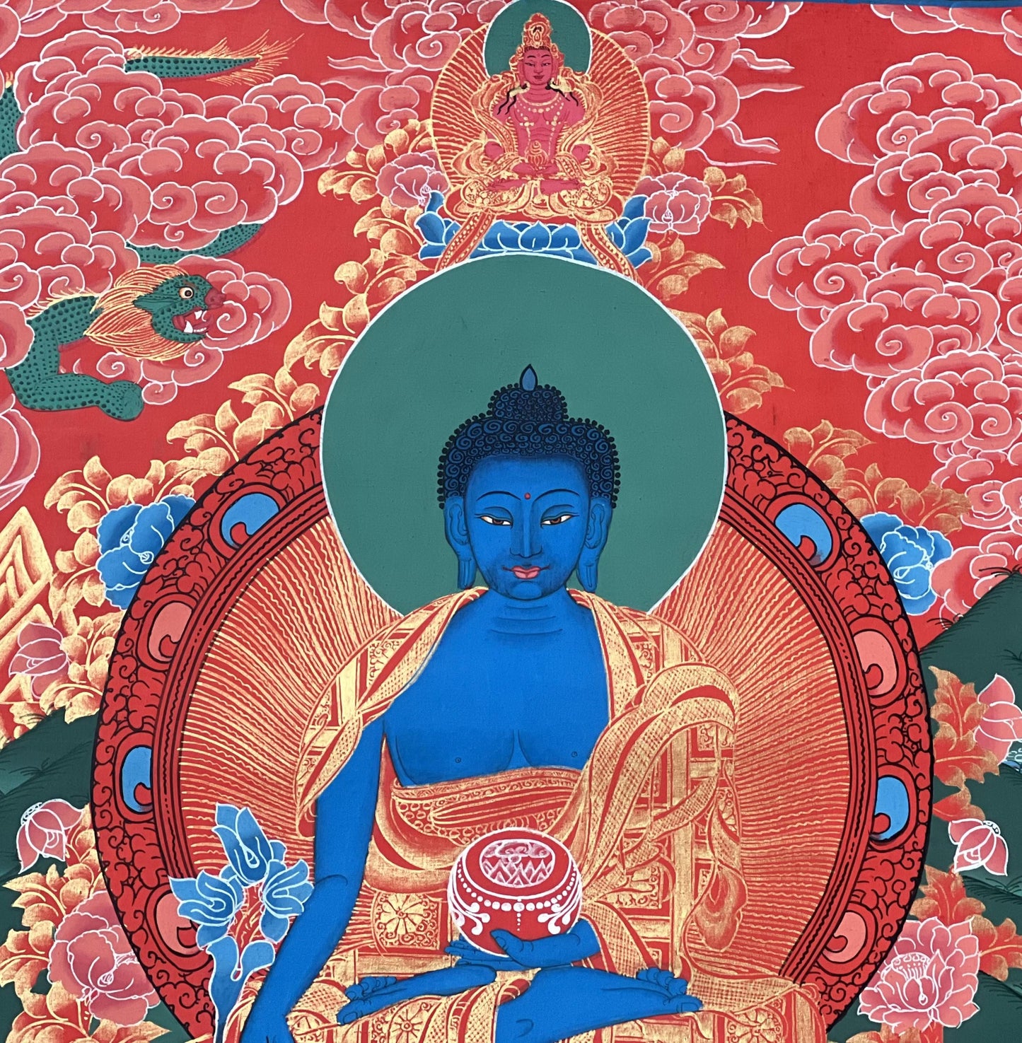Medicine Buddha Thangka Painting – Handmade Tibetan Healing Art, Silk Brocade Option