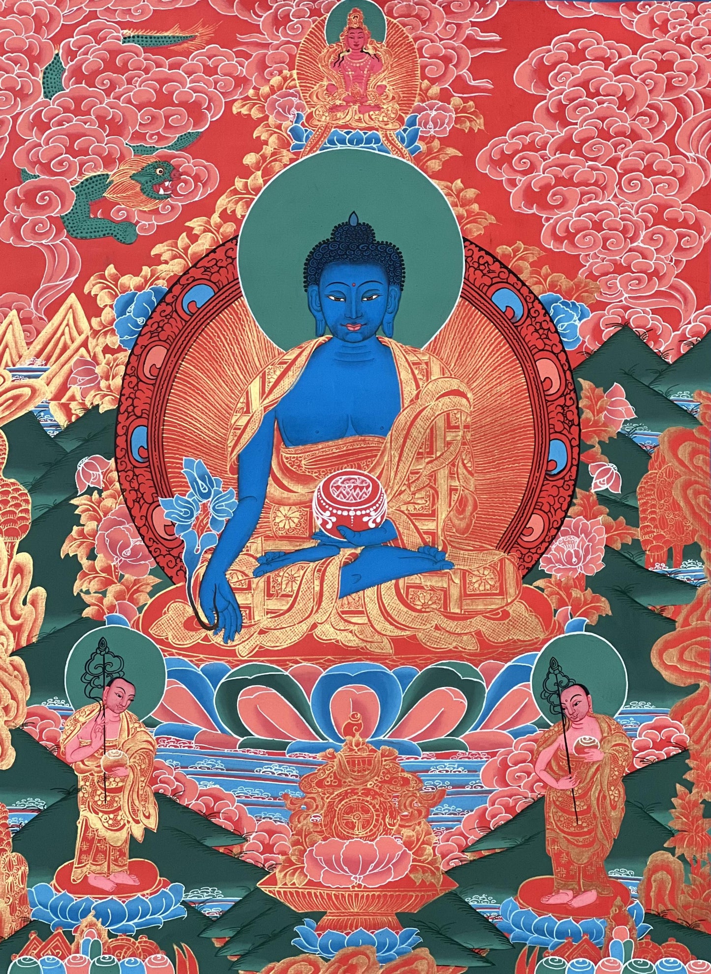 Medicine Buddha Thangka Painting – Handmade Tibetan Healing Art, Silk Brocade Option