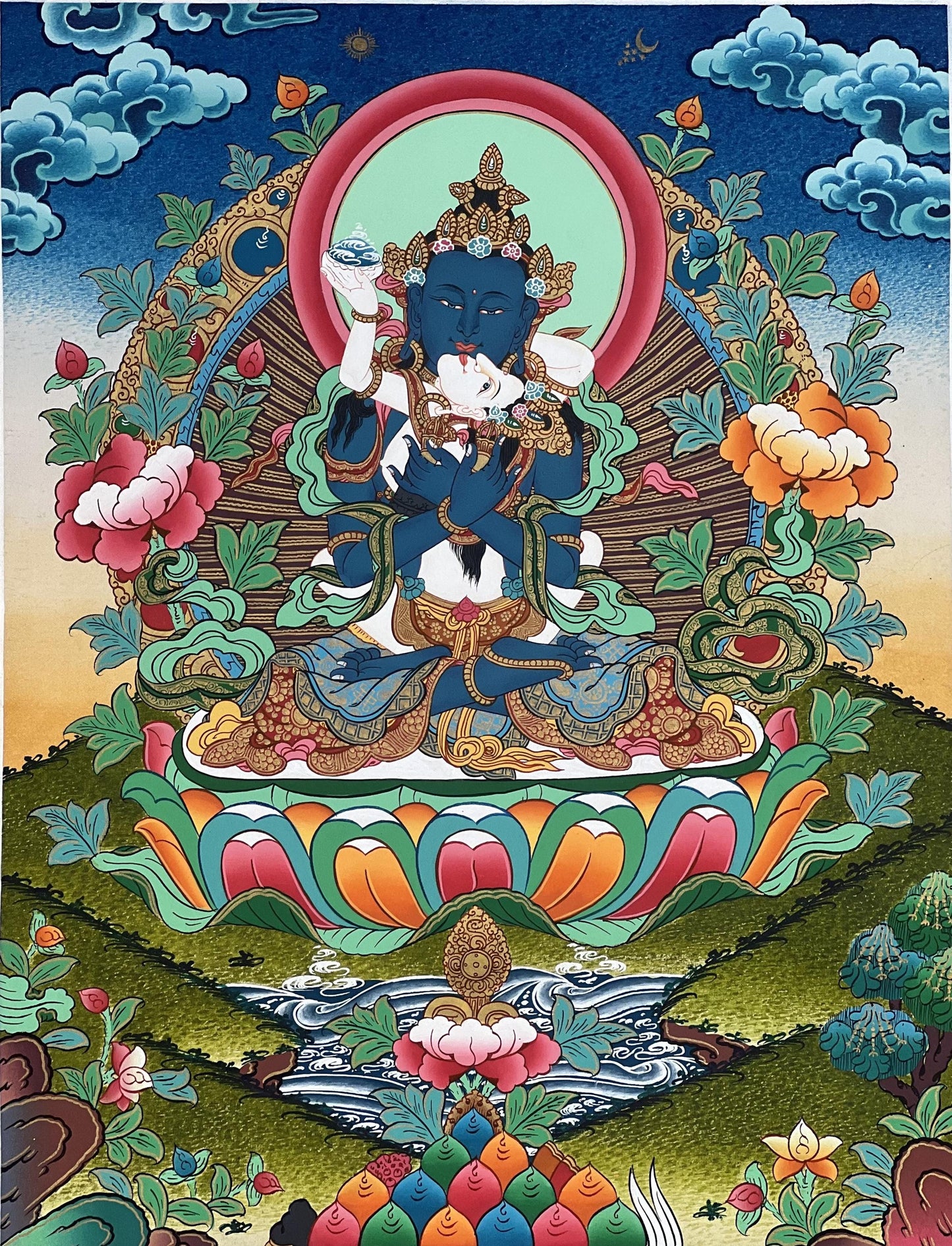 Vajradhara & Prajnaparamita Yab-Yum Thangka - Tibetan Buddhist Art with Silk Brocade | Primordial Buddha Embrace Painting