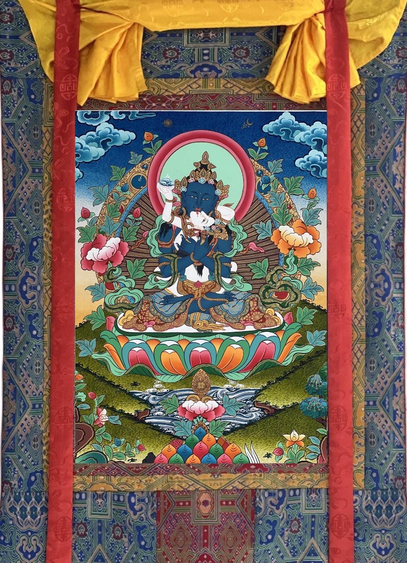 Vajradhara & Prajnaparamita Yab-Yum Thangka - Tibetan Buddhist Art with Silk Brocade | Primordial Buddha Embrace Painting