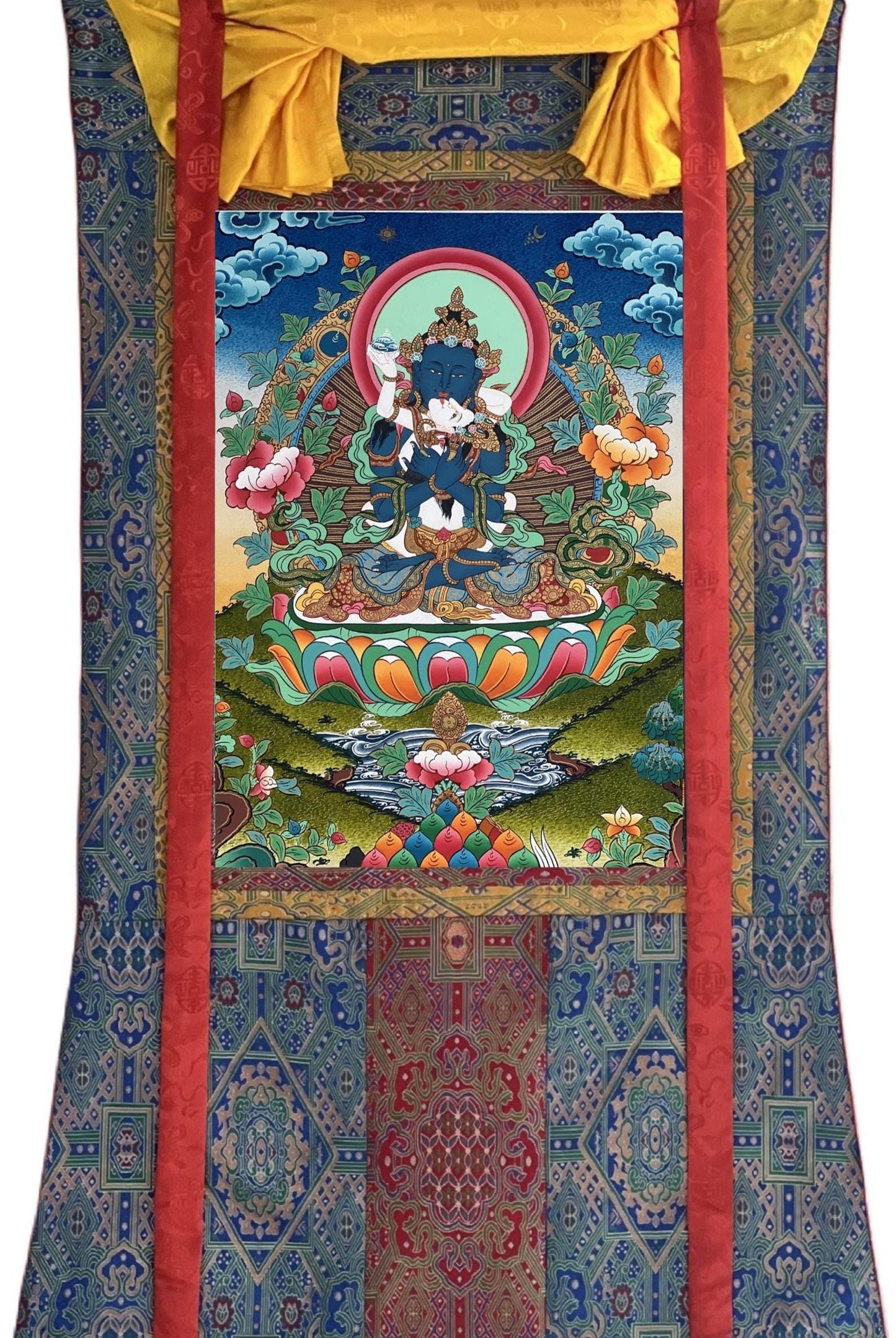 Vajradhara & Prajnaparamita Yab-Yum Thangka - Tibetan Buddhist Art with Silk Brocade | Primordial Buddha Embrace Painting