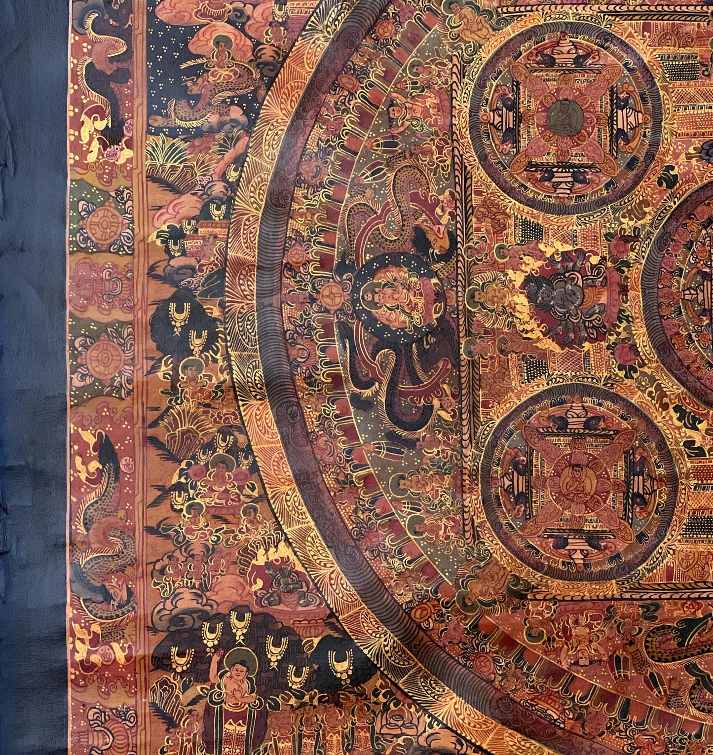 Pancha Buddha Mandala Thangka | Semi-Old Oil Varnished Tibetan Masterpiece | Avalokiteshvara Artwork | Spiritual Wall Decor