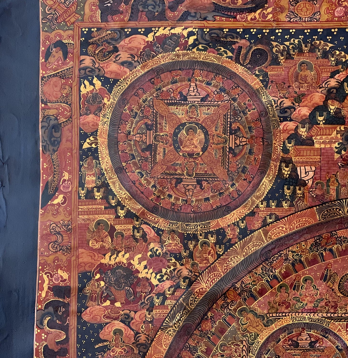 Pancha Buddha Mandala Thangka | Semi-Old Oil Varnished Tibetan Masterpiece | Avalokiteshvara Artwork | Spiritual Wall Decor
